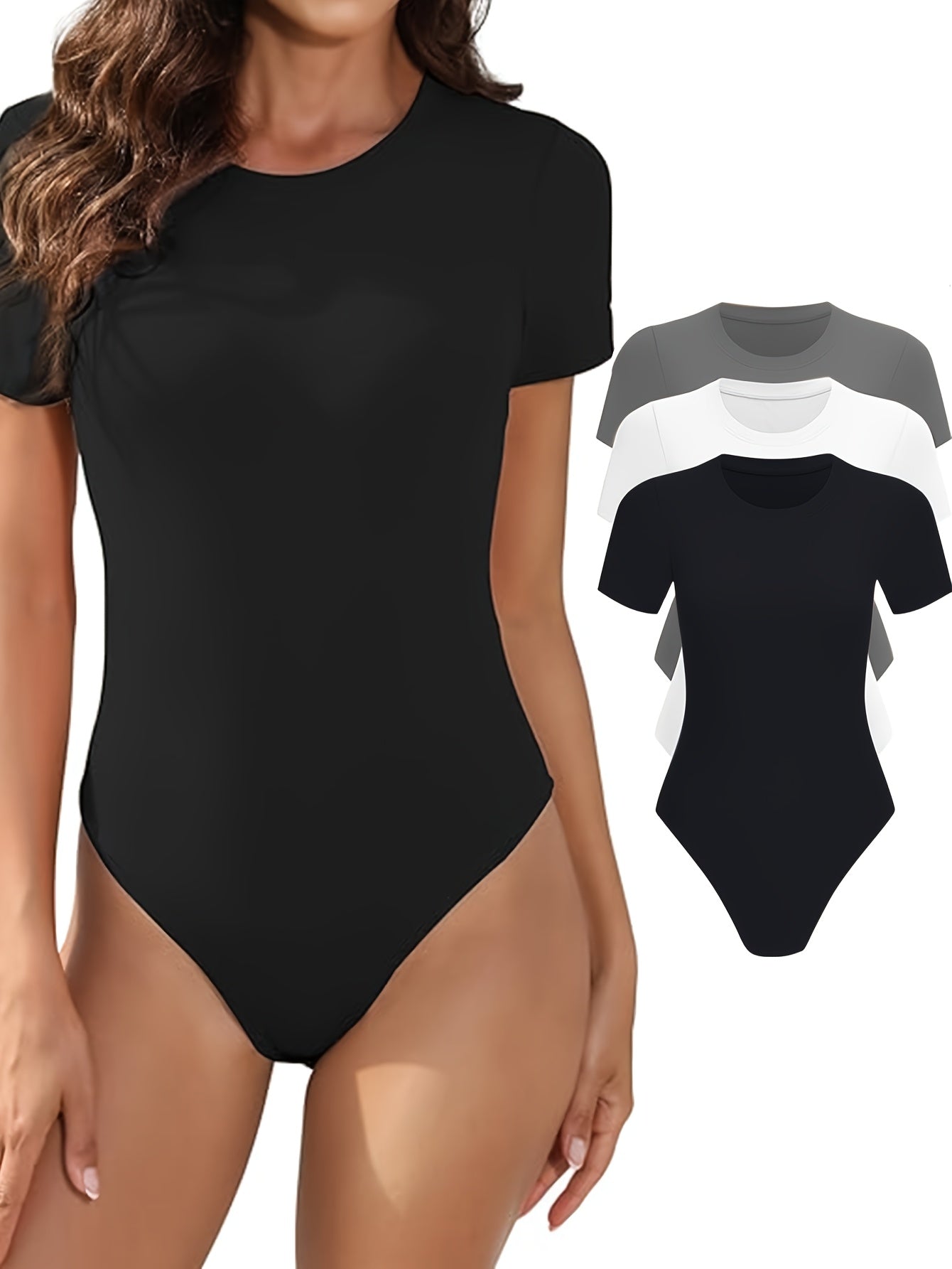 Lot de 3 bodys femme – manches courtes, col rond, coupe ajustée, basiques confortables