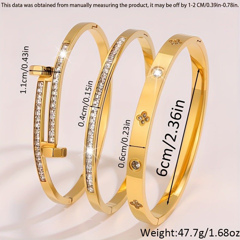 Lot de 3 bracelets en acier inoxydable de luxe léger, sertis de zircon synthétique, design exquis et classique, polyvalents, adaptés à toutes les occasions