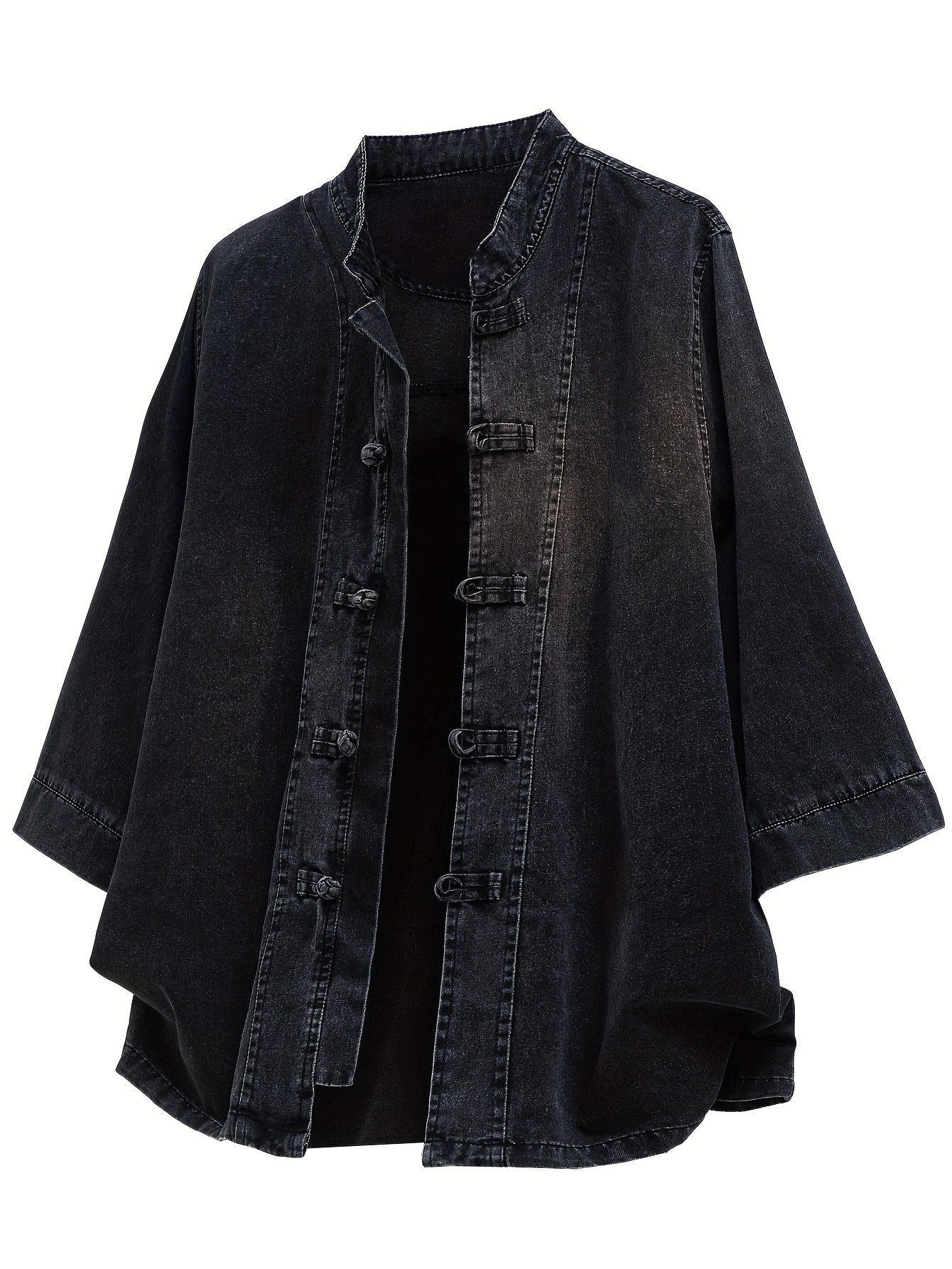 Xingmengzhi OBM Men's Denim Shirt, Loose-Fit Seven-Quarter Sleeve New Chinese Style Button-Up Top, Slim Stand Collar Denim Cardigan Lightweight Jacket