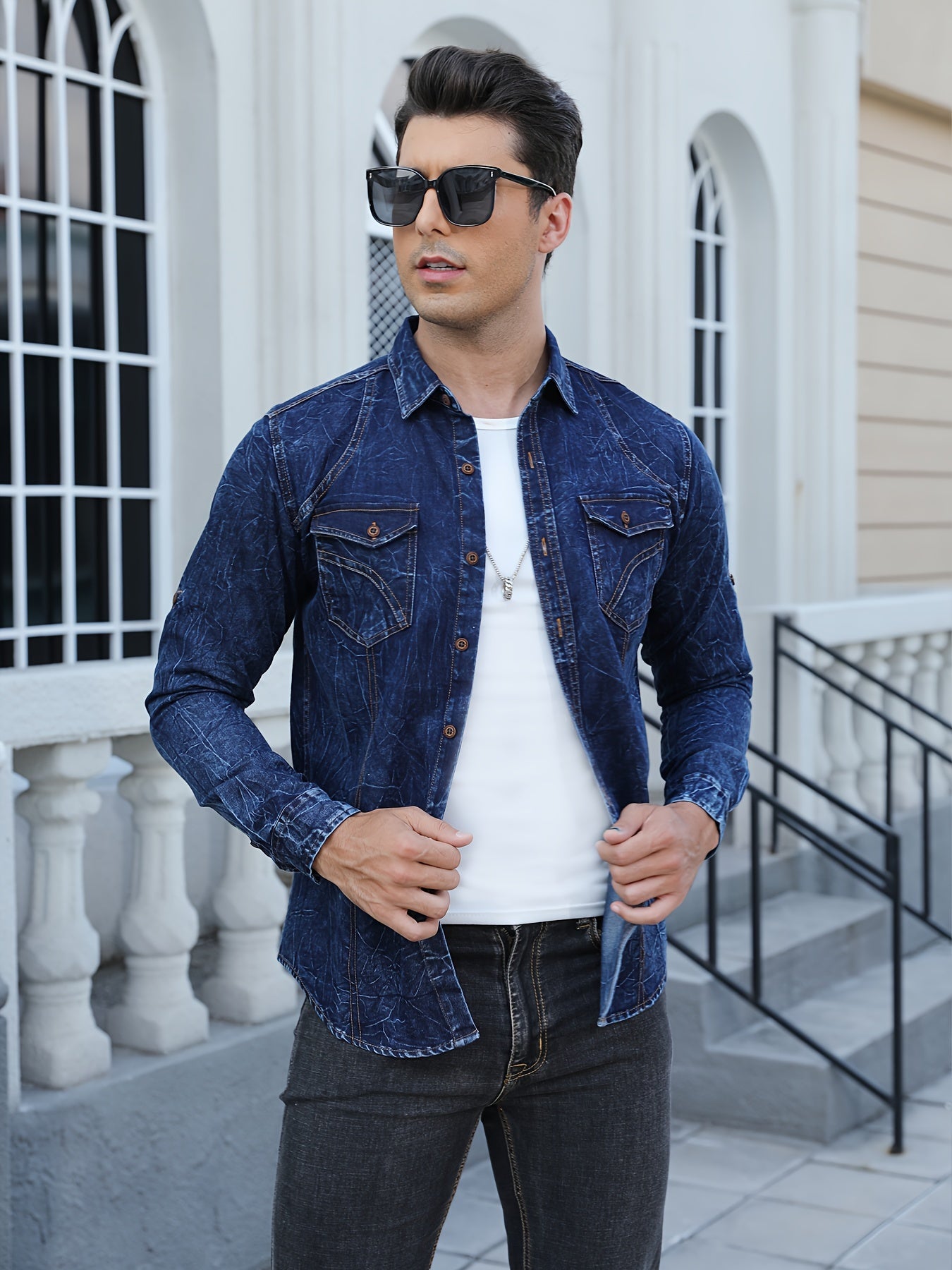 Gengyuan'S Features a Trendy Deep Blue Tie-Dye Denim Shirt for Men.