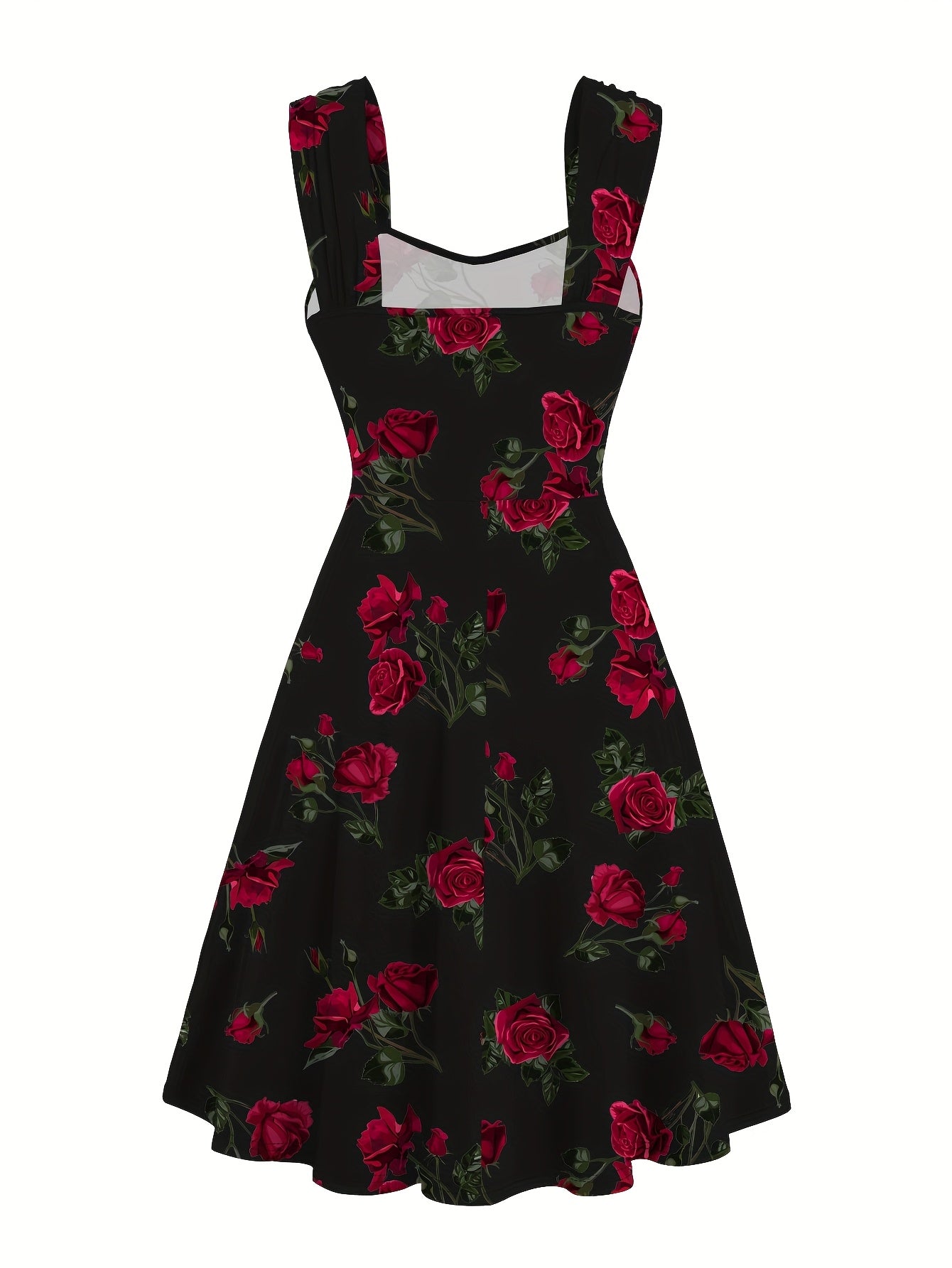 Robe élégante décontractée pour femme, imprimée de roses, plissée sur le devant, à larges bretelles croisées et épaules dénudées