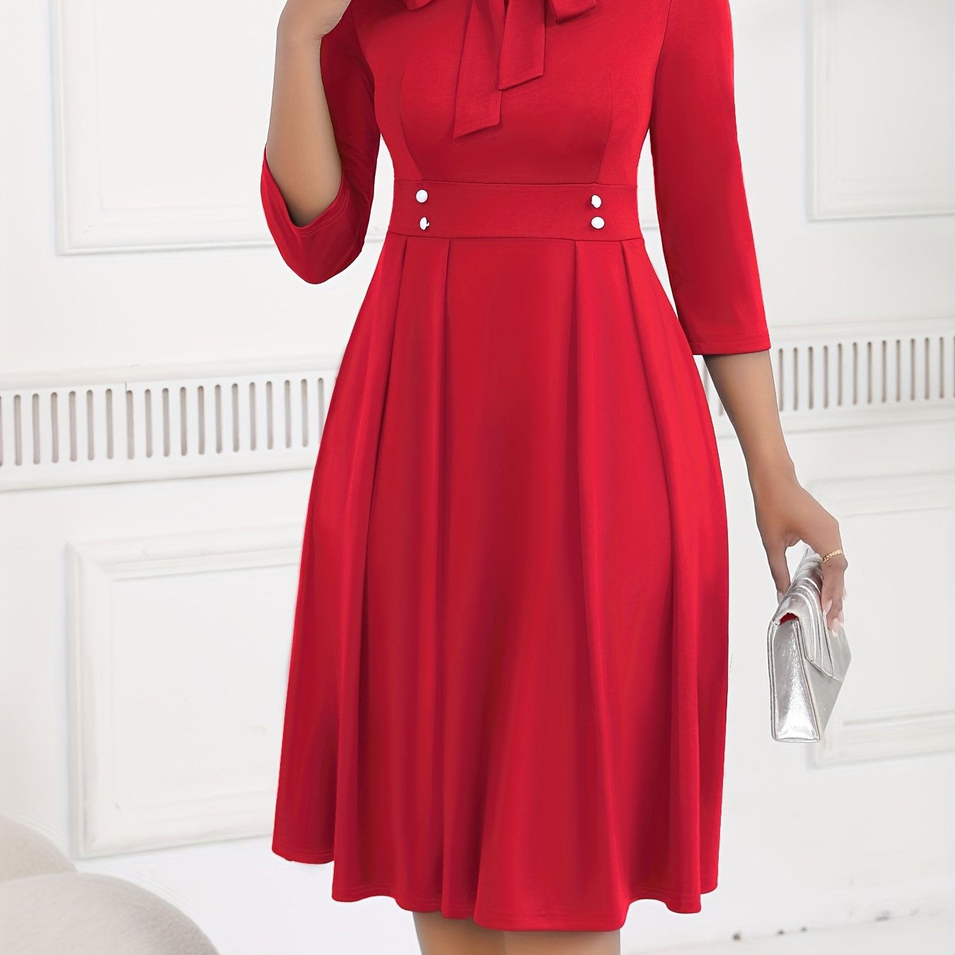 Spring/Autumn Women's Dress with Tie Waist, Elegant and Sophisticated, Business Workplace, Tie-Neck Navy Blue Midi Dress HRYY116