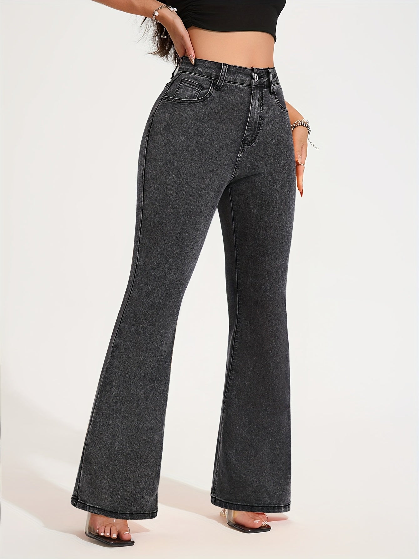 Jean évasé taille haute en denim stretch pour femme - Pantalon élégant gris délavé à jambes évasées avec fermeture à boutons, confortable en toute saison, jean taille haute