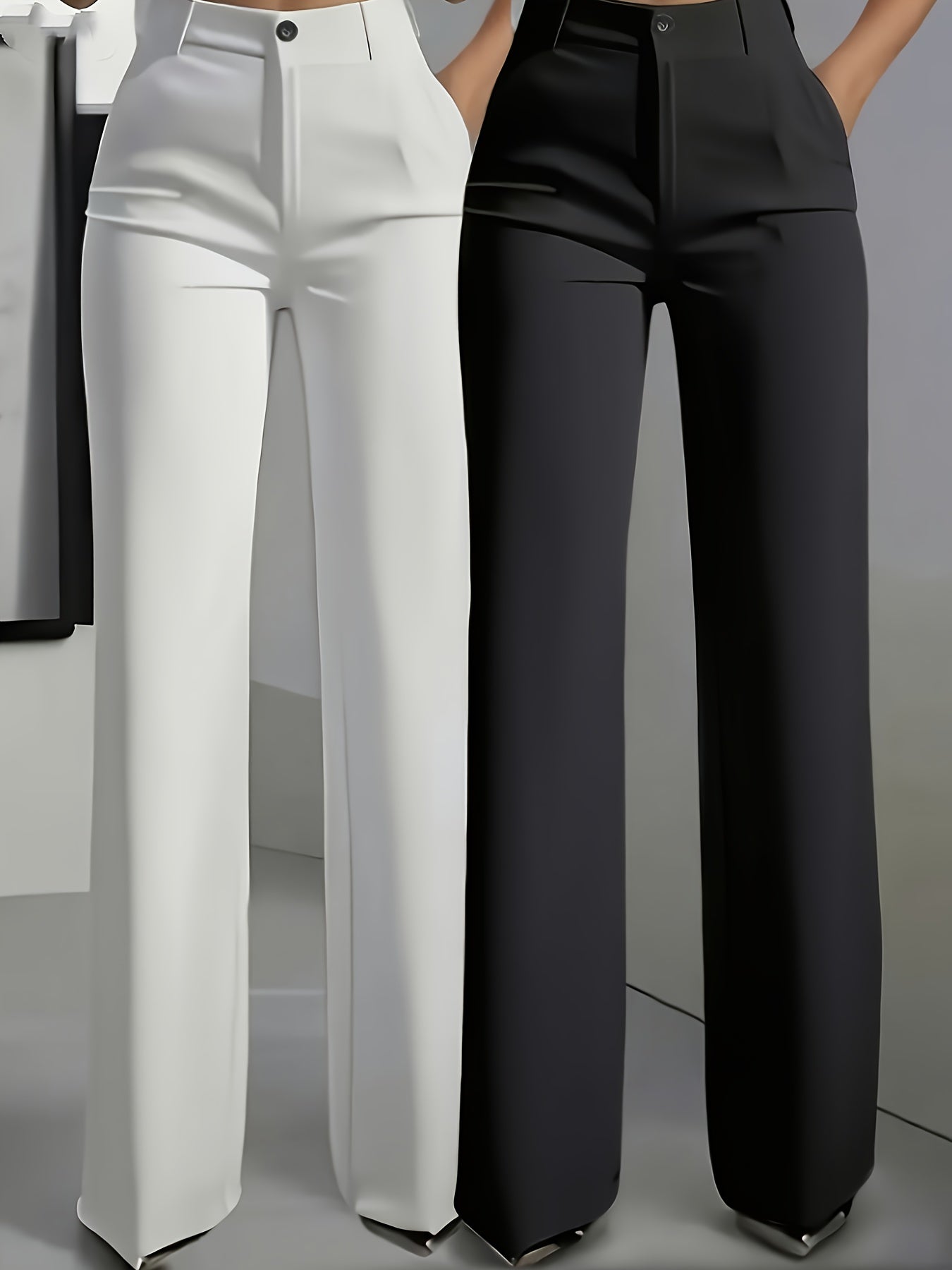 Lot de 2 Pantalons Femme Élégants Droits – Taille Haute avec Poches Obliques