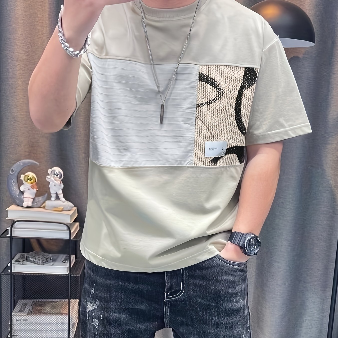 Men'S Slim-Fit Breathable Short Sleeve T-Shirt - Summer Casual Round Neck Tee with Geometric Pattern, Wrinkle-Resistant & Fade-Resistant, Lightweight for Casual Attire, Breathable Clothing | Trendy Casualwear | Comfortable Fi