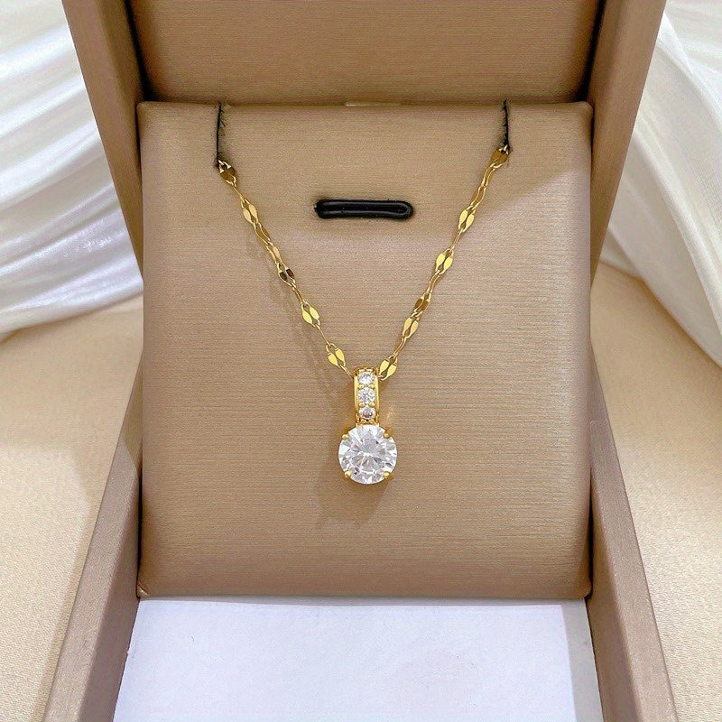 Collier pendentif en acier inoxydable plaqué or – zirconia synthétique micro-incrusté, chaîne réglable minimaliste tendance, bijou cadeau pour femme