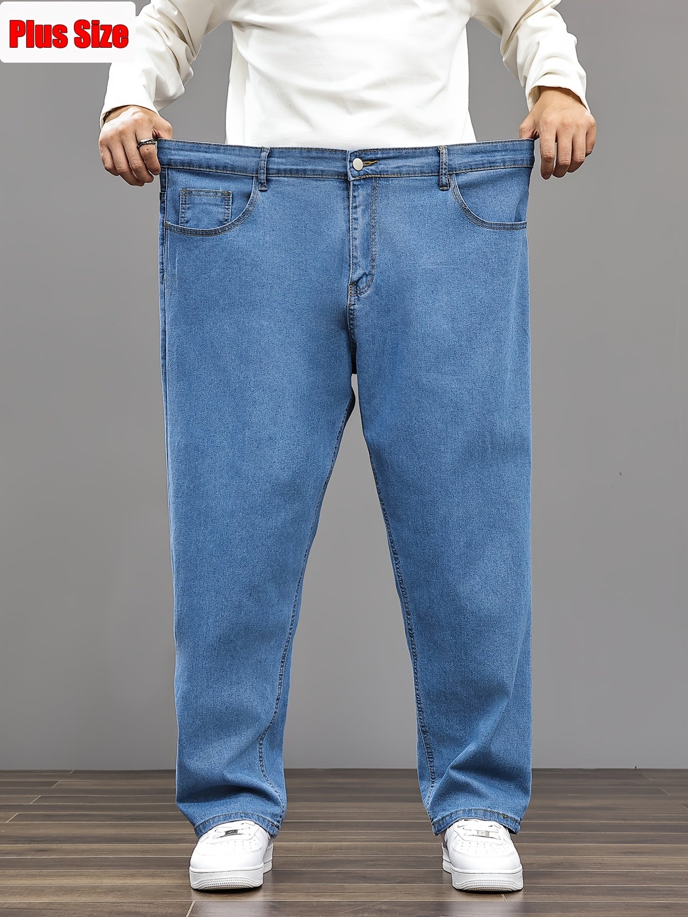 Pantalon faux denim grande taille pour homme (2XL–8XL) – coupe droite extensible, tissu opaque, couvrance ventre, confortable et polyvalent, adapté tenue formelle et décontractée