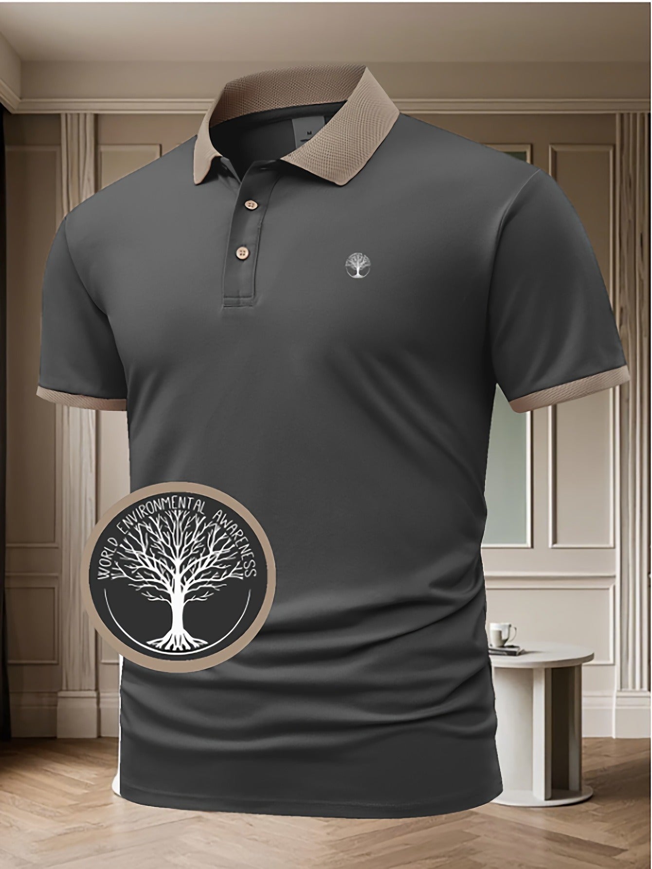 Men'S Short Sleeve Polo Shirt with Color Block Collar, Quick-Dry Casual Golf Shirt, Classic Fit Business Work Polyester T-Shirt