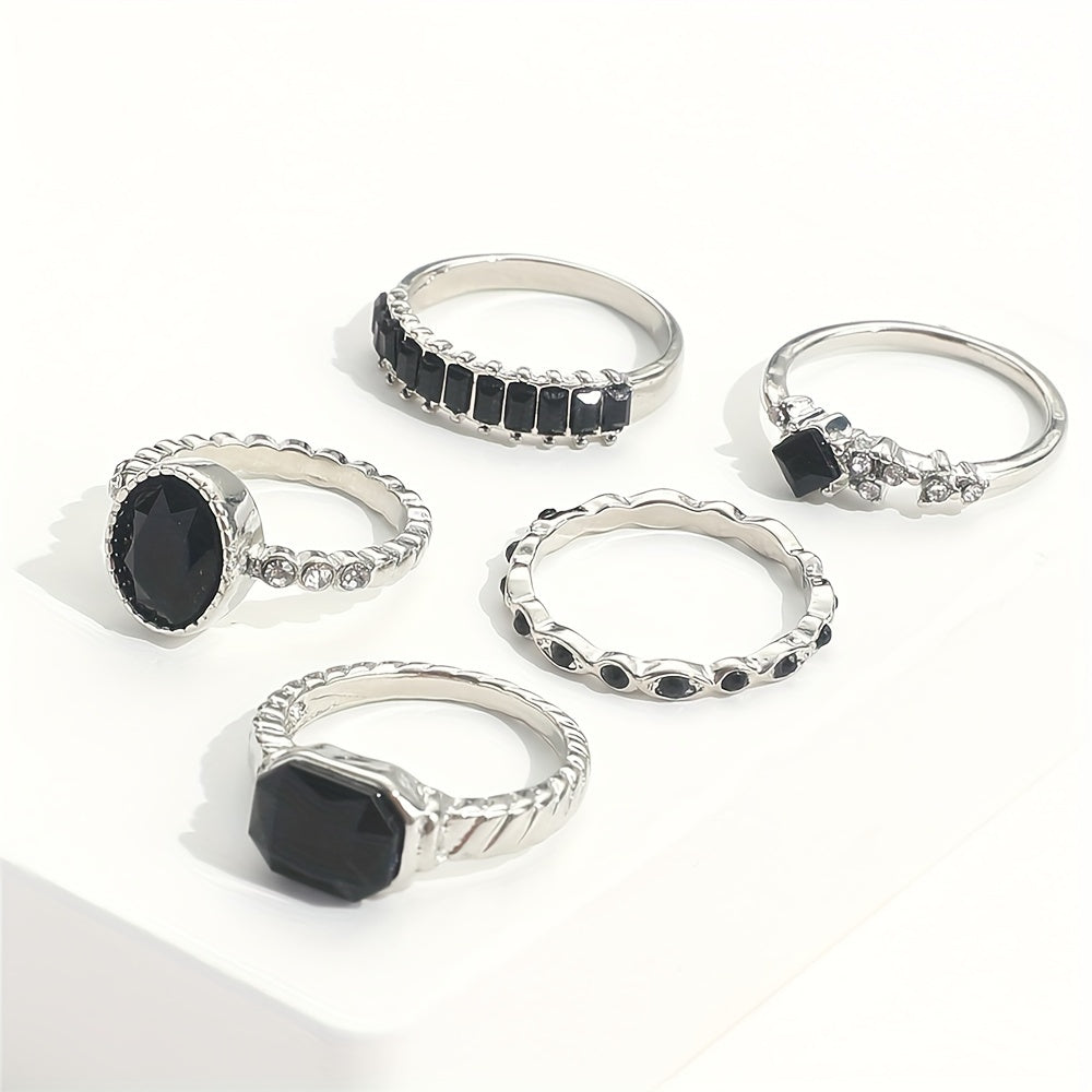 5pcs Alloy Black Rhinestone Ring Set, Minimalist Vintage Elegant Thin Jointed Ring Stackable Collection