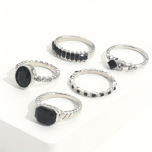 5pcs Alloy Black Rhinestone Ring Set, Minimalist Vintage Elegant Thin Jointed Ring Stackable Collection