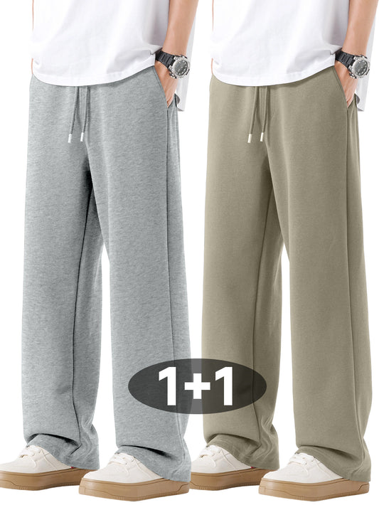 Joggers oversize pour homme (2 pièces) – coupe droite, pantalon athlétique épais 100 % coton, taille élastique et bas côtelé, couleur unie (gris/noir), lavable en machine, idéals gym, détente et tenue décontractée