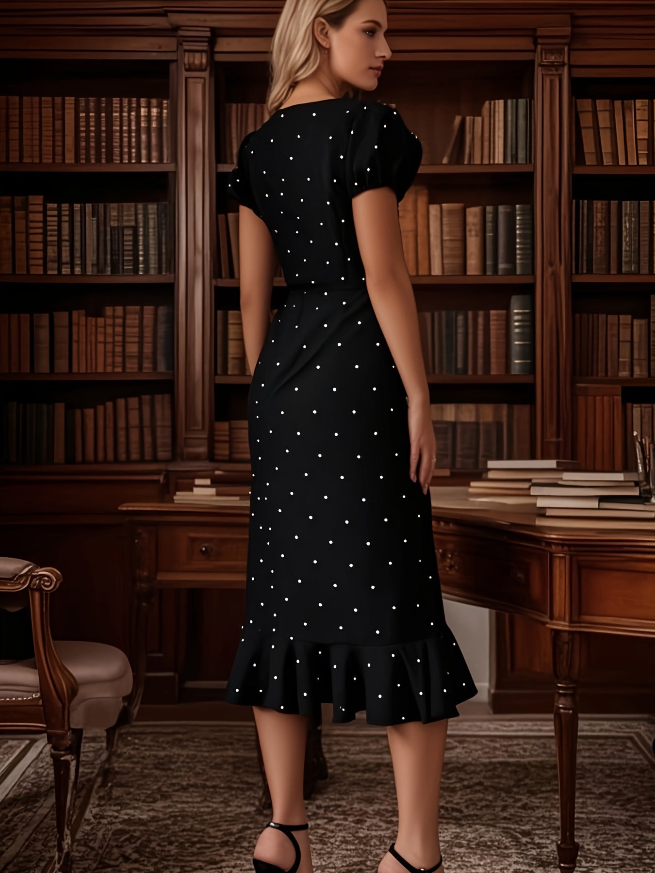 The Elegant Dress with Lantern Sleeves, a Bow, And Ruffled Polka Dot Print Is Perfect for Spring And Summer.
