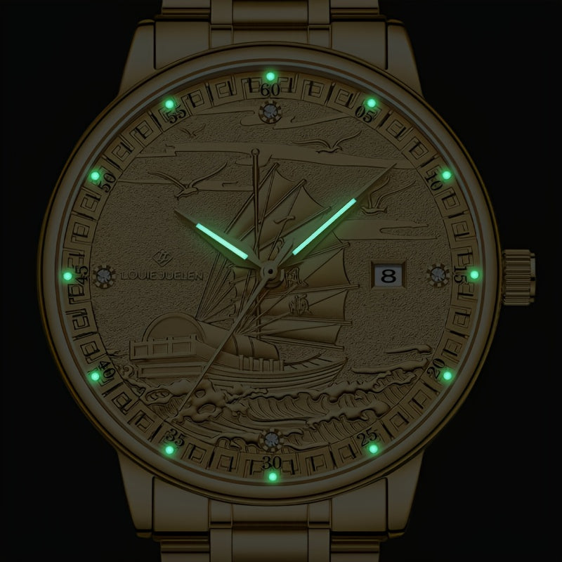 Battery-Free Men's Automatic Mechanical Watch, Smooth Sailing Series, All-Golden Noble Men's Wristwatch, Suitable as a Gift for Family, Partner, and Friends, Formal Accessory, Stylish Timepiece, Classic Watch, Elegant Timepie