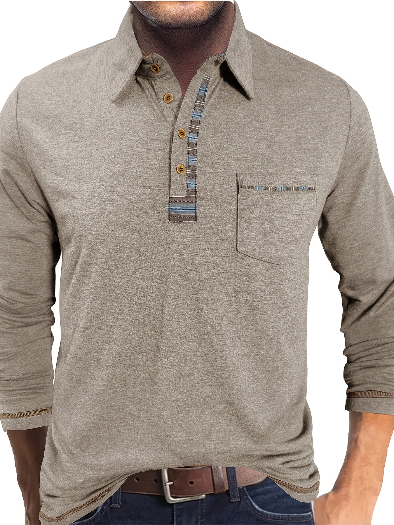 Plus Size Men's Retro Casual Shirt - Long Sleeve Button-Up with Color Block Detailing, Machine Washable Spring/Fall Top for Casual Attire, PLUS SIZE