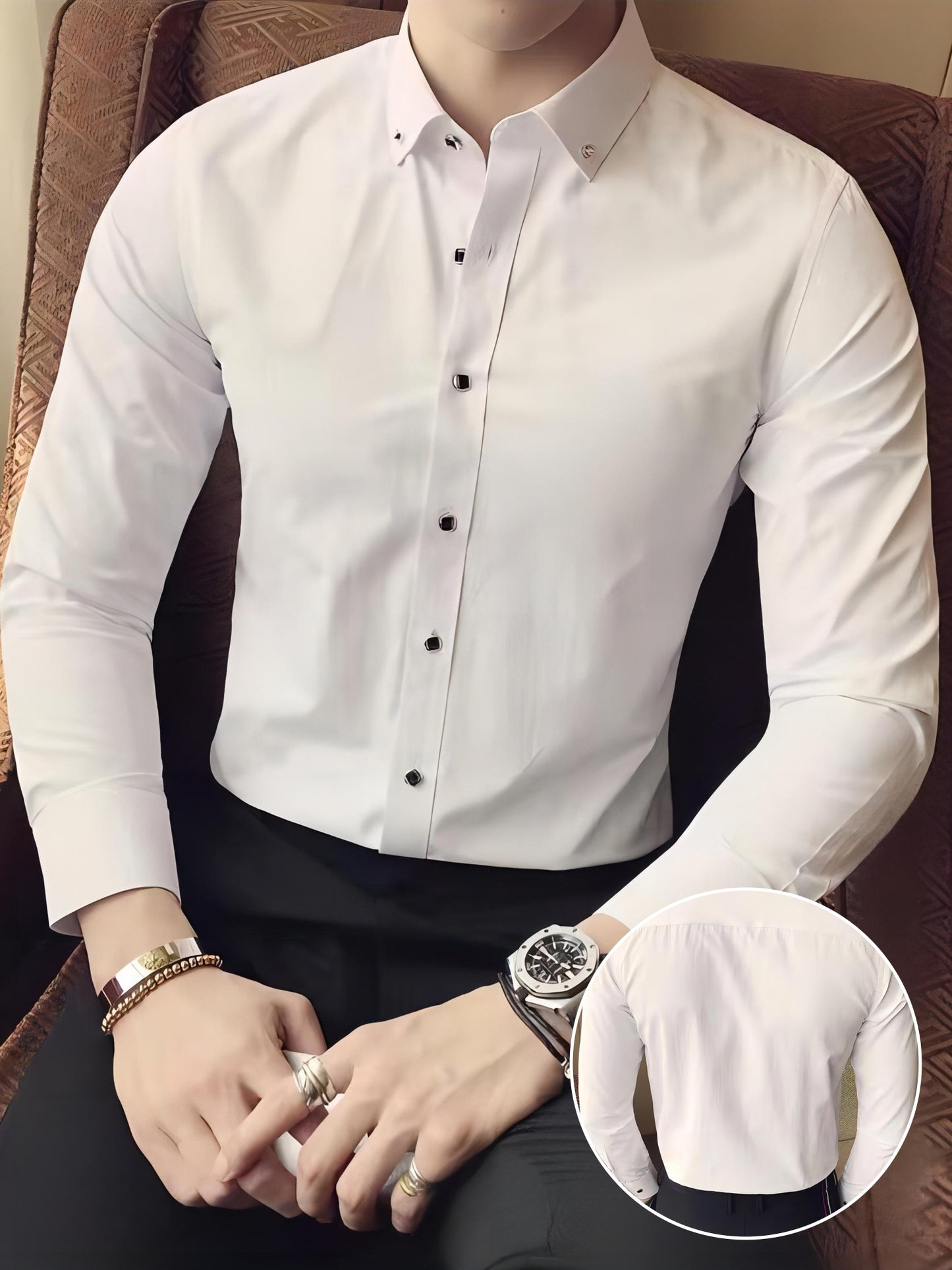Spring and Autumn Long-Sleeve Shirt for Men, Stylish Business Casual Wrinkle-Resistant Dress Shirt with Diamond Buttons, Regular Fit Solid Color