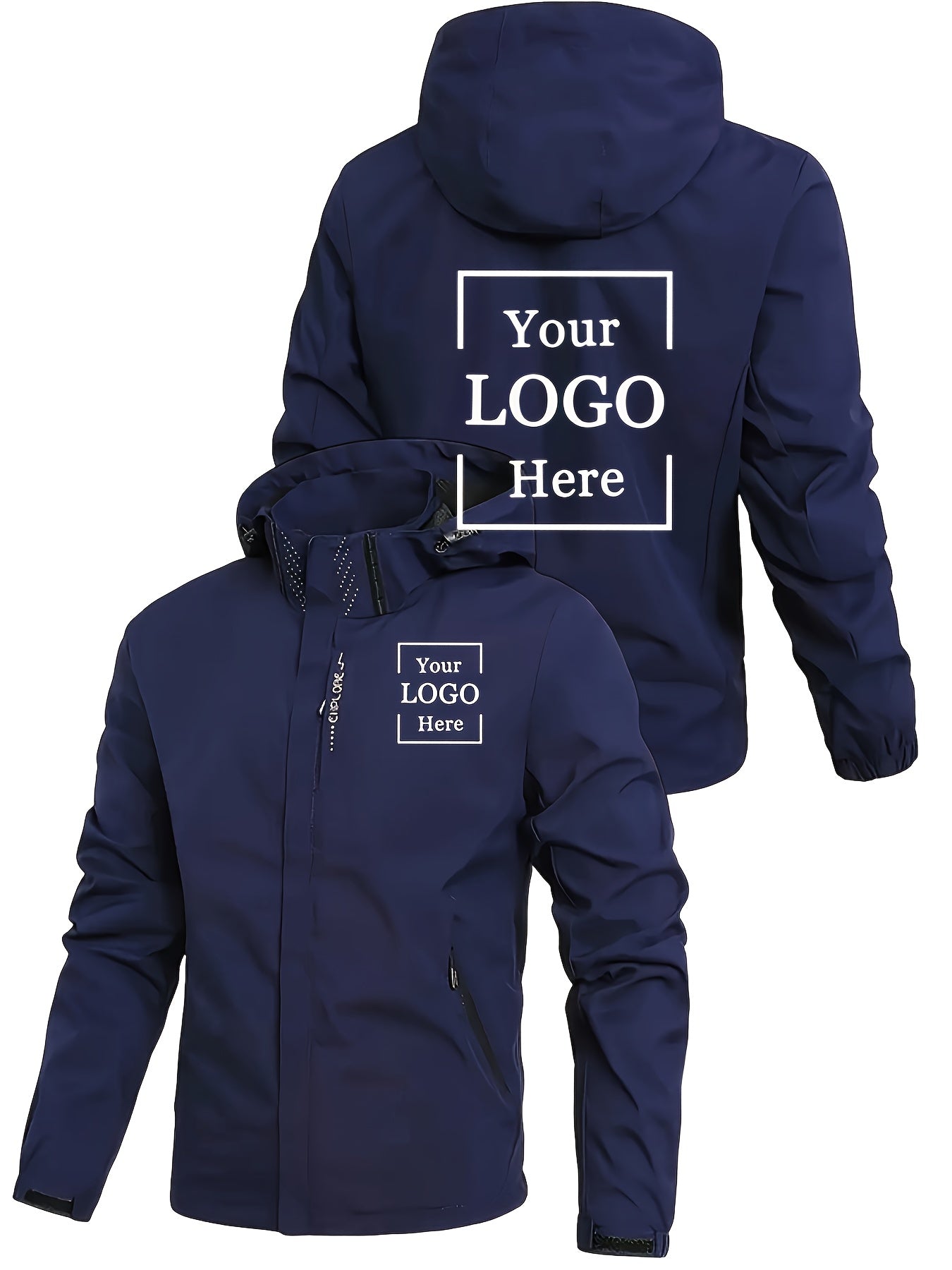 Veste à capuche homme personnalisable – coupe ample, bleu marine, imperméable, logo imprimé, promo et entreprise