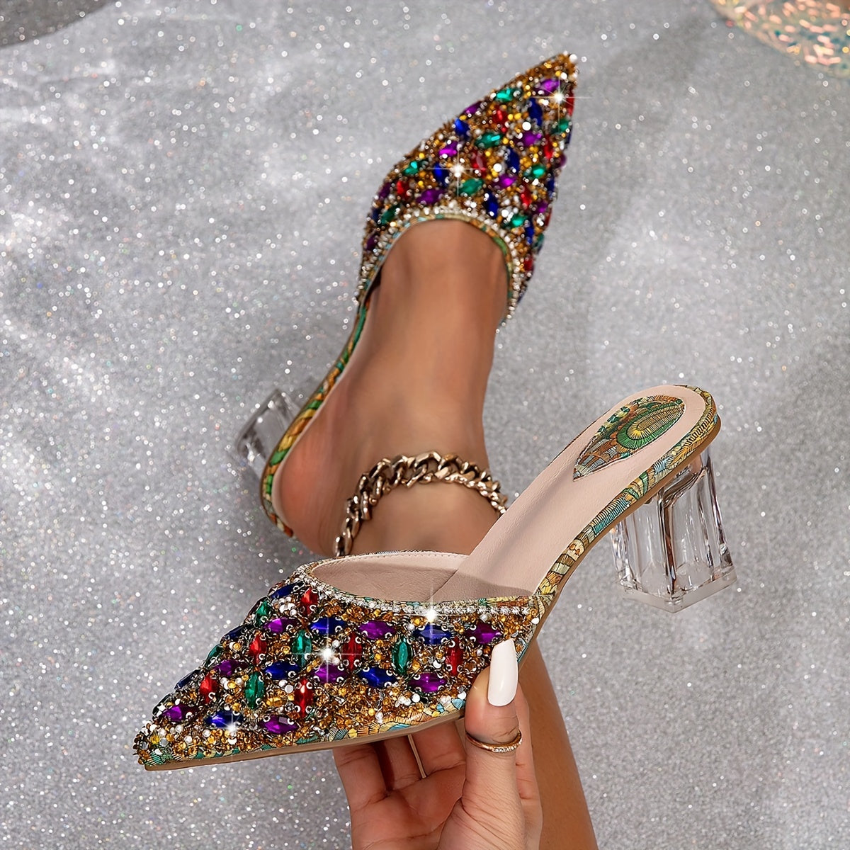 Chaussures à Talons Hauts pour Femme – Bout Pointu, Strass Colorés, Élégantes et Scintillantes, Talon Épais, Légères, Parfaites pour Soirées et Événements Formels