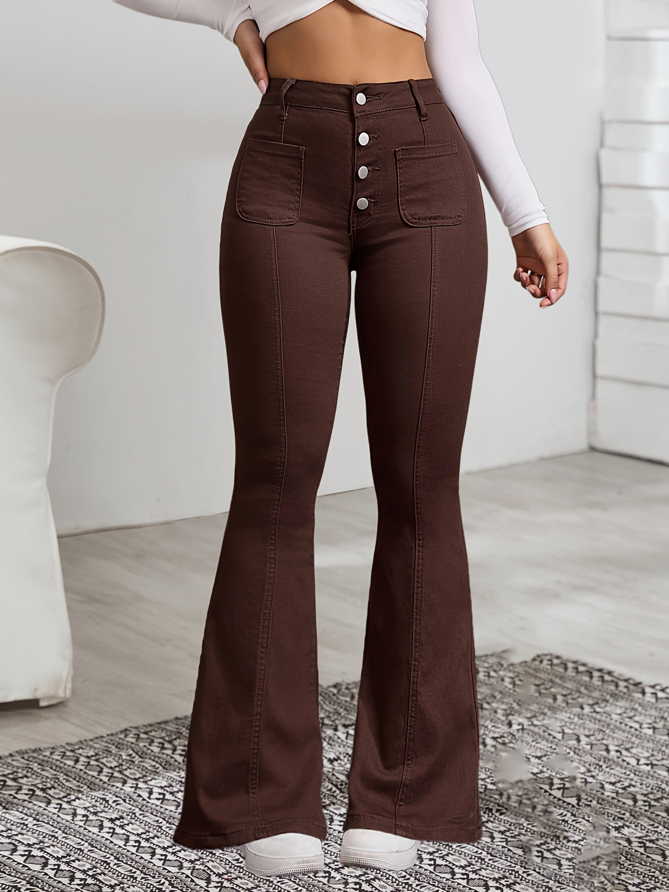 Jeans Femme Taille Haute – Évasé Café, Décontracté, Extensible, Boutons, Tous Saisons, Effet Usé