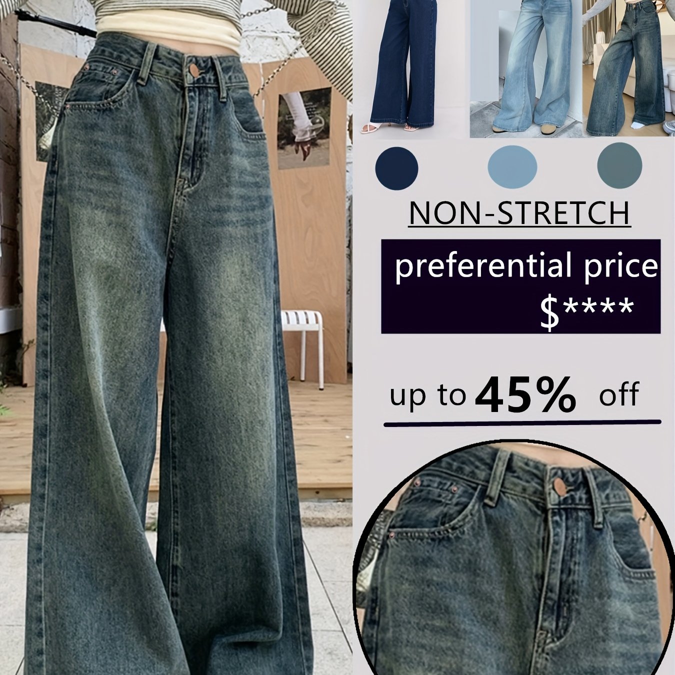 Jeans Femme Vintage Jambe Large Droite Non Extensible Taille Mi-Haute Toute Saison Décontracté et Formel