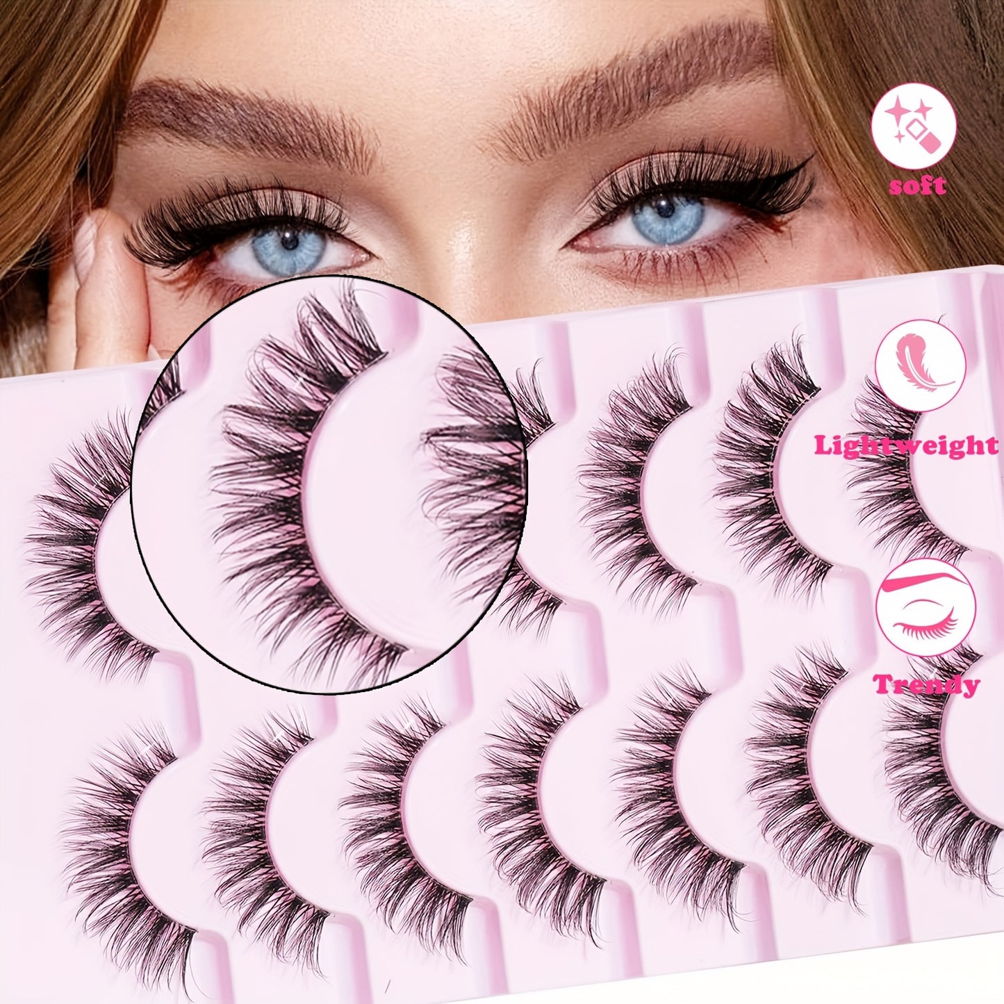 7 Paires de Cils Postiches Naturels – Style Croisé Queue de Poisson, D Curl, Base Transparente, Effet Naturel