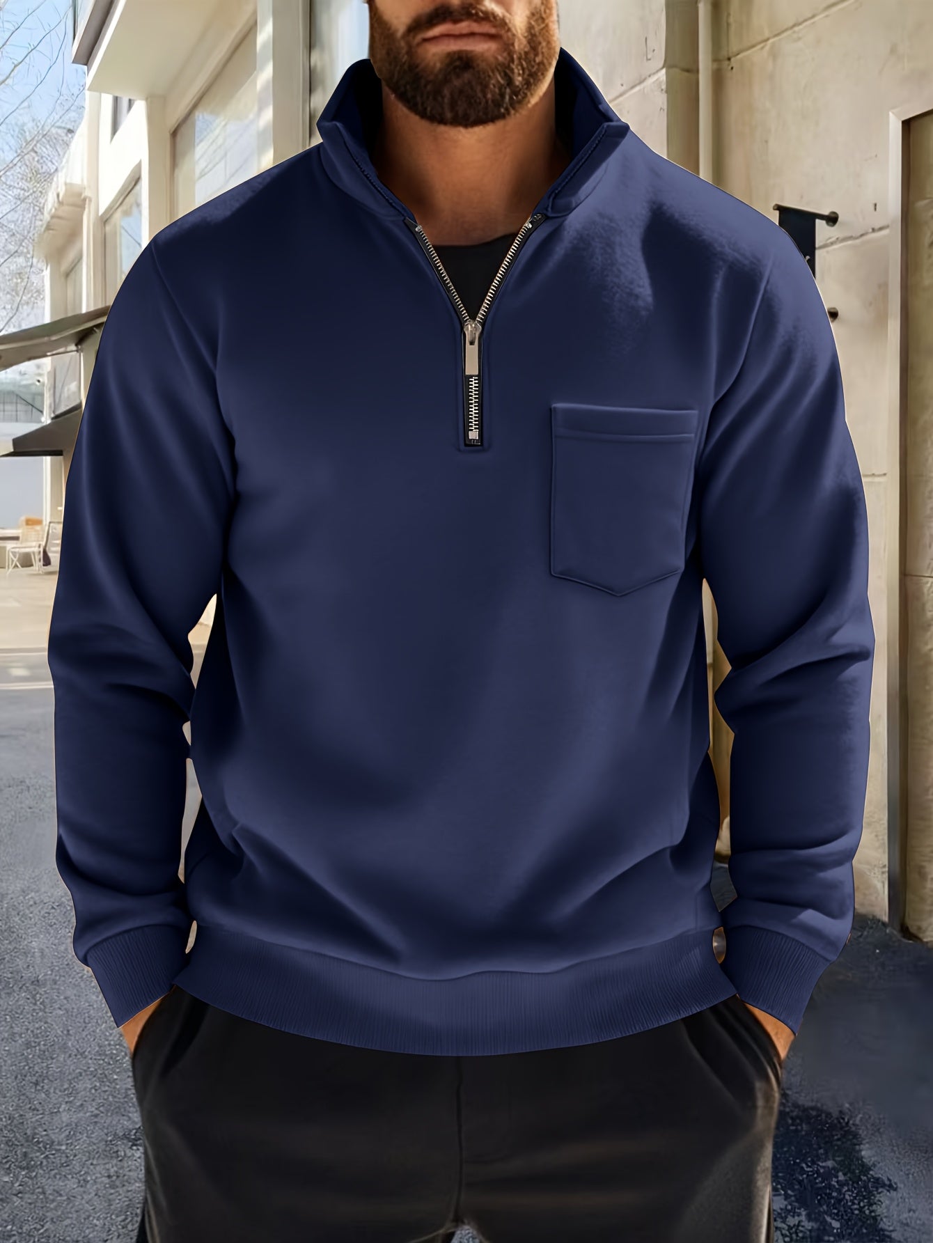 Men'S Thickened Long Sleeve Shirt - Half-Zip, Versatile Long Sleeve Turn- Collar Base Layer Top with Chest Pocket, Suitable for Autumn/Winter, Winter Clothing, Autumn Apparel, Classic Collar, Durable Fabric, Warm Material, Ba