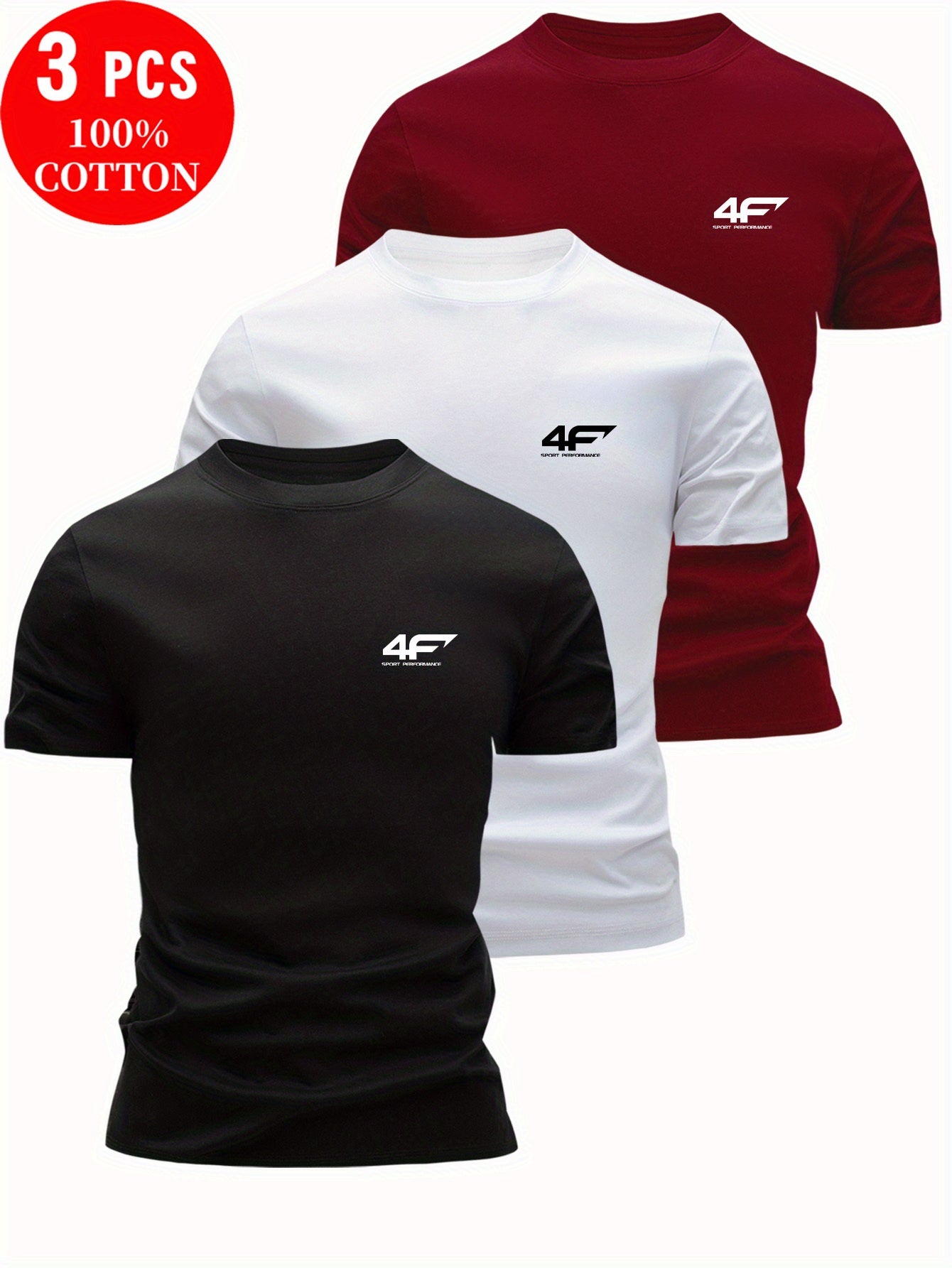 3pcs 100% Cotton T-Shirts, Casual Round Neck Tees for Summer Wear, Men's Outdoor Tops