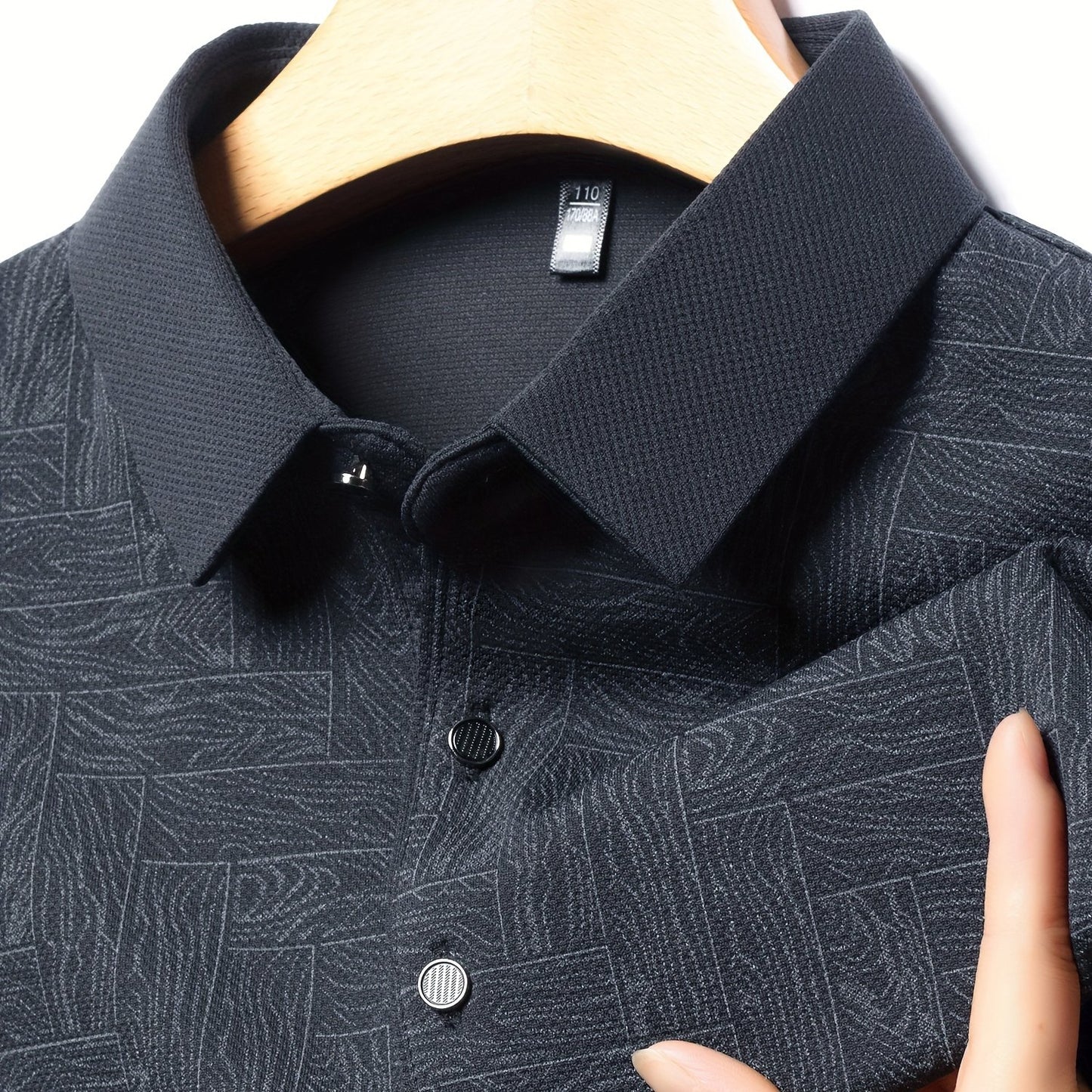 Men'S Geometric Mahjong Block Long Sleeve Polo Shirt - Casual & Stylish Business-Casual Lapel Collar, Polyester Blend, Perfect for Spring/Fall