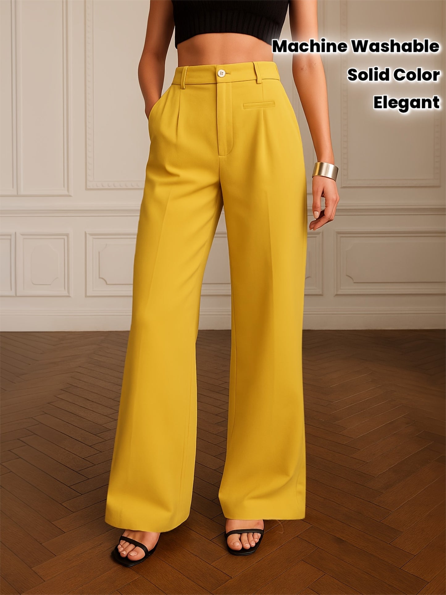 Pantalon Femme Élégant Jambe Droite – Détail Asymétrique, Couleur Unie, Tissu Non Extensible, Bureau et Décontracté, Tous Saisons