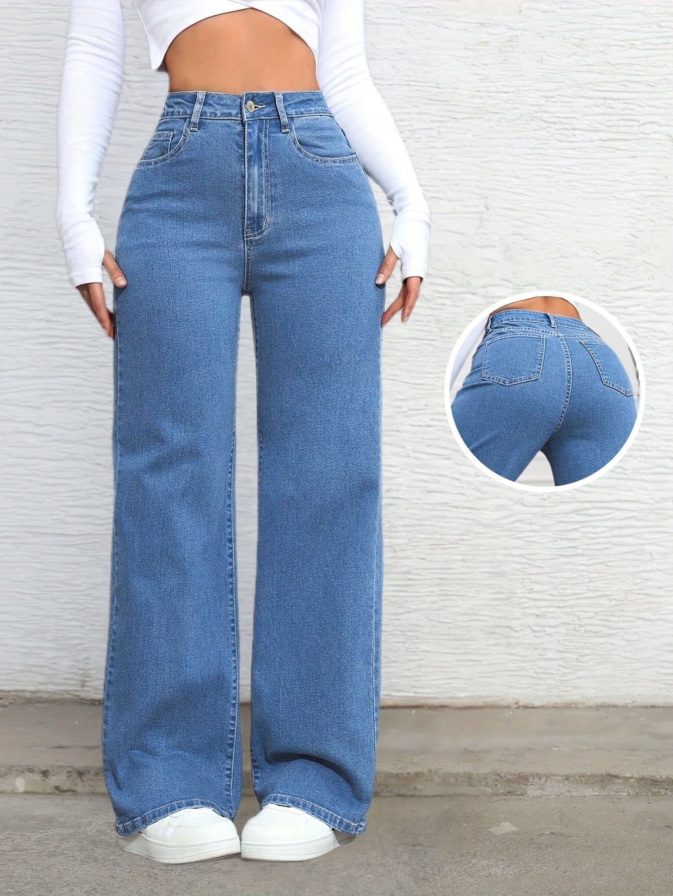 Pantalon Femme Taille Haute en Denim Extensible – Coupe Large Décontractée, Fermeture Boutons, Jean Bleu Clair Lavé, Confort Toutes Saisons, Tissu Durable, Mode et Confortable