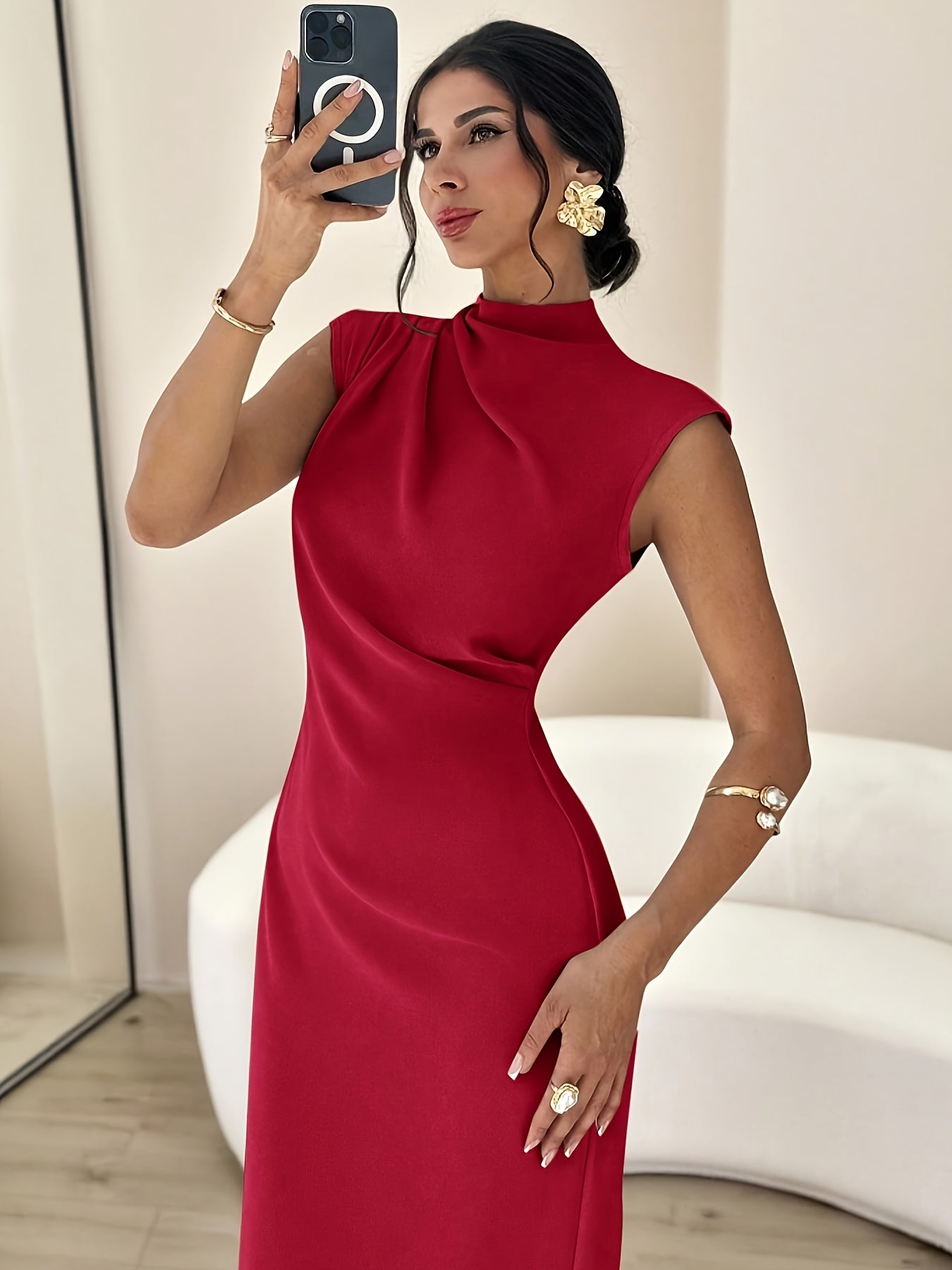 Robe Femme Élégante Bleu Marine A-Line — Manches Courtes et Col Montant, Ourlet Plissé Anti-Plis, Taille Cintrée avec Fente Courte, Lavable en Machine, Parfaite pour Mariages, Soirées