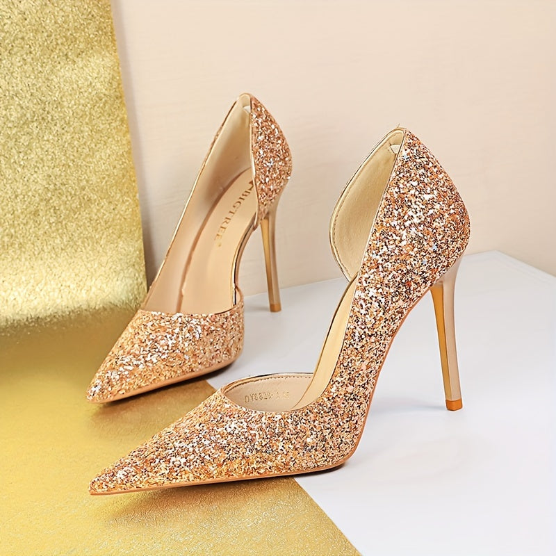 Escarpins à Paillettes Brillantes – Talons Aiguilles Ultra-Fins, Bout Pointu, Finition PU Scintillante, Bleu / Doré – Chaussures de Soirée, Mariage & Bal – Chaussures Habillées Toutes Saisons (Design Échancré Confortable)