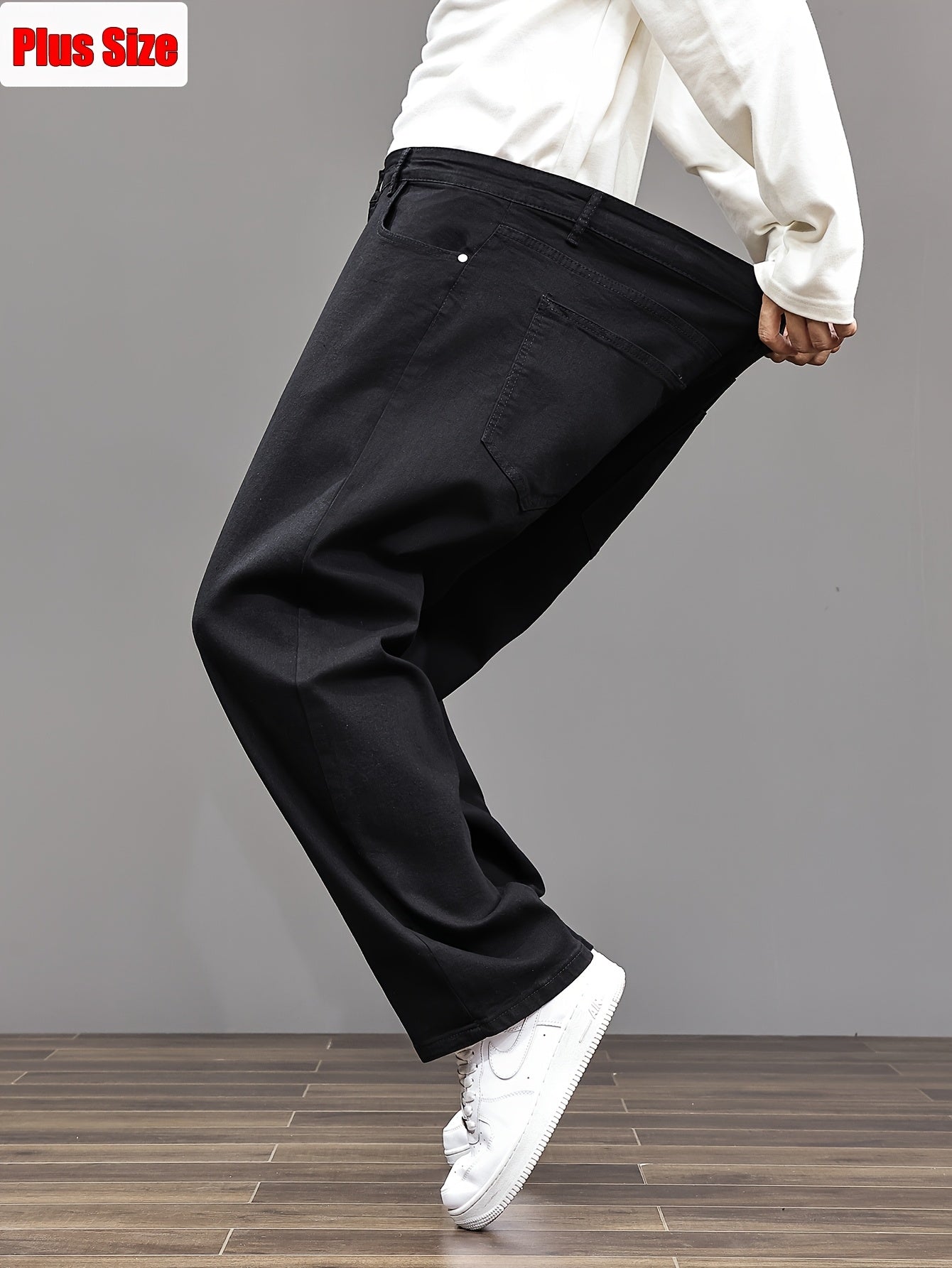 Pantalon faux denim grande taille pour homme (2XL–8XL) – coupe droite extensible, tissu opaque, couvrance ventre, confortable et polyvalent, adapté tenue formelle et décontractée