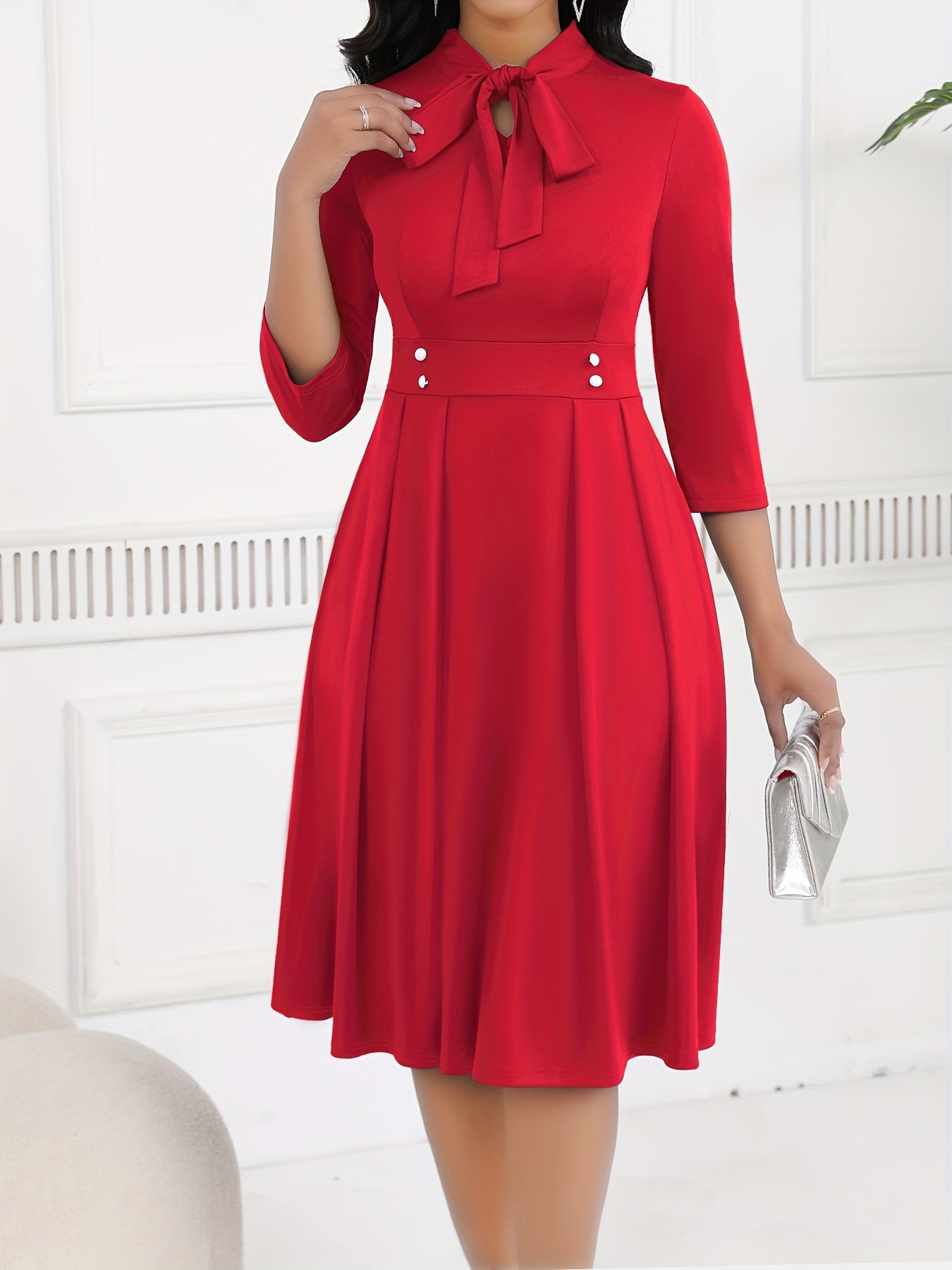 Spring/Autumn Women's Dress with Tie Waist, Elegant and Sophisticated, Business Workplace, Tie-Neck Navy Blue Midi Dress HRYY116