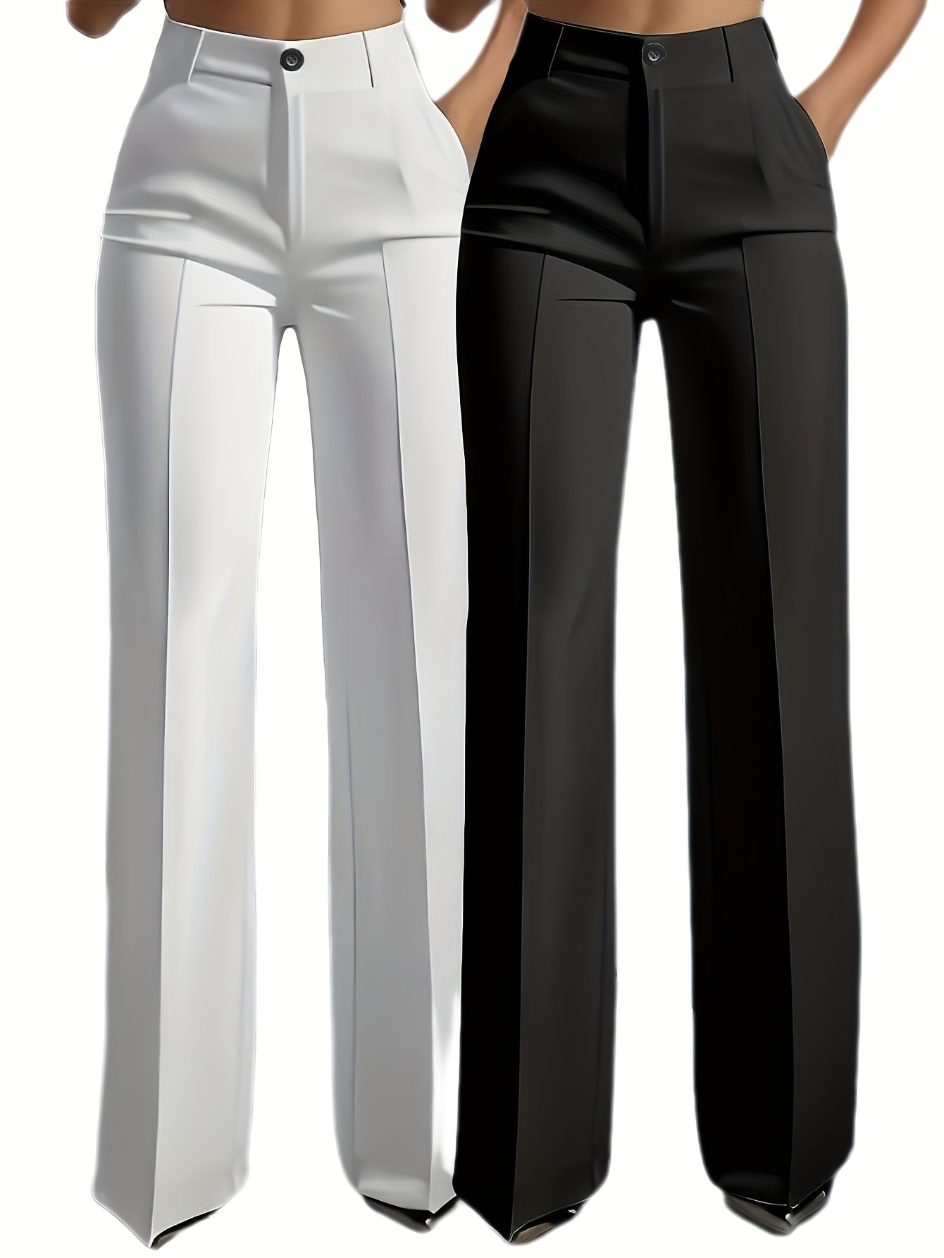 Lot de 2 Pantalons Femme Élégants Droits – Couleur Unie avec Poches Latérales