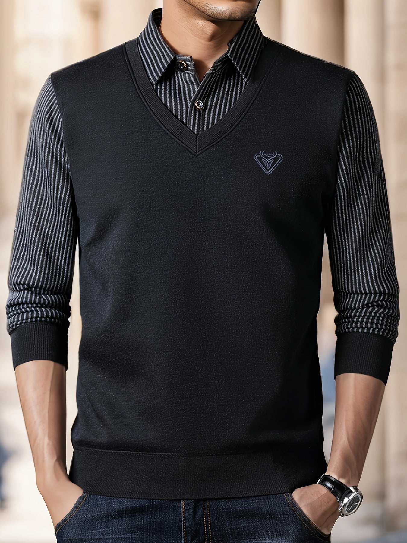 Men's Casual Knit Polyester Sweater - Long Sleeve Layered-Look Lapel Collar with Striped Pattern and Embroidered Detail - Perfect for Sports, Travel, and Office Wear - Spring/Fall Lightweight Stretch Pullover