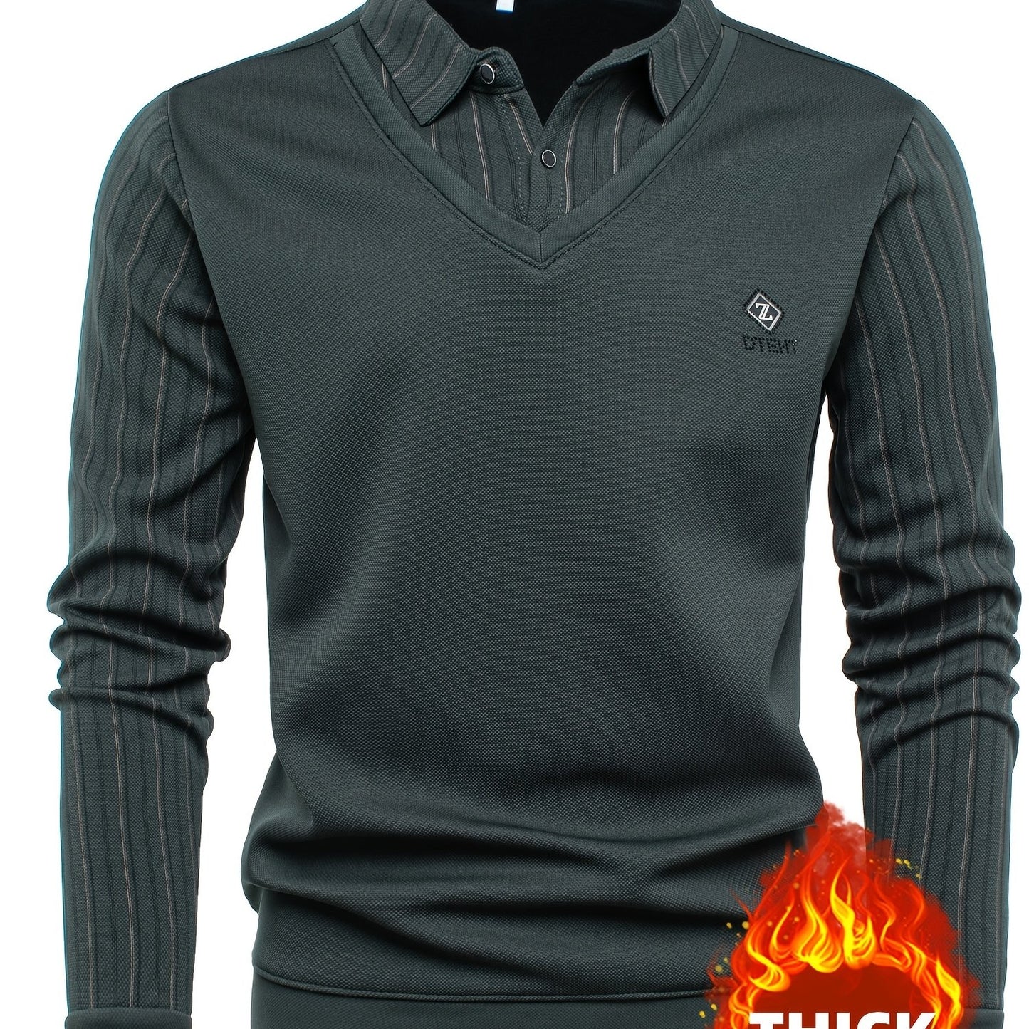 New Autumn And Winter Plush Men'S Long-Sleeved Fake Two-Piece Vest Design, Diamond-Shaped Decorative Stickers on The Chest, Pinstripe Lining, Soft And Warm for Daily Travel, Casual And Versatile, Light Business Fashion Lapel