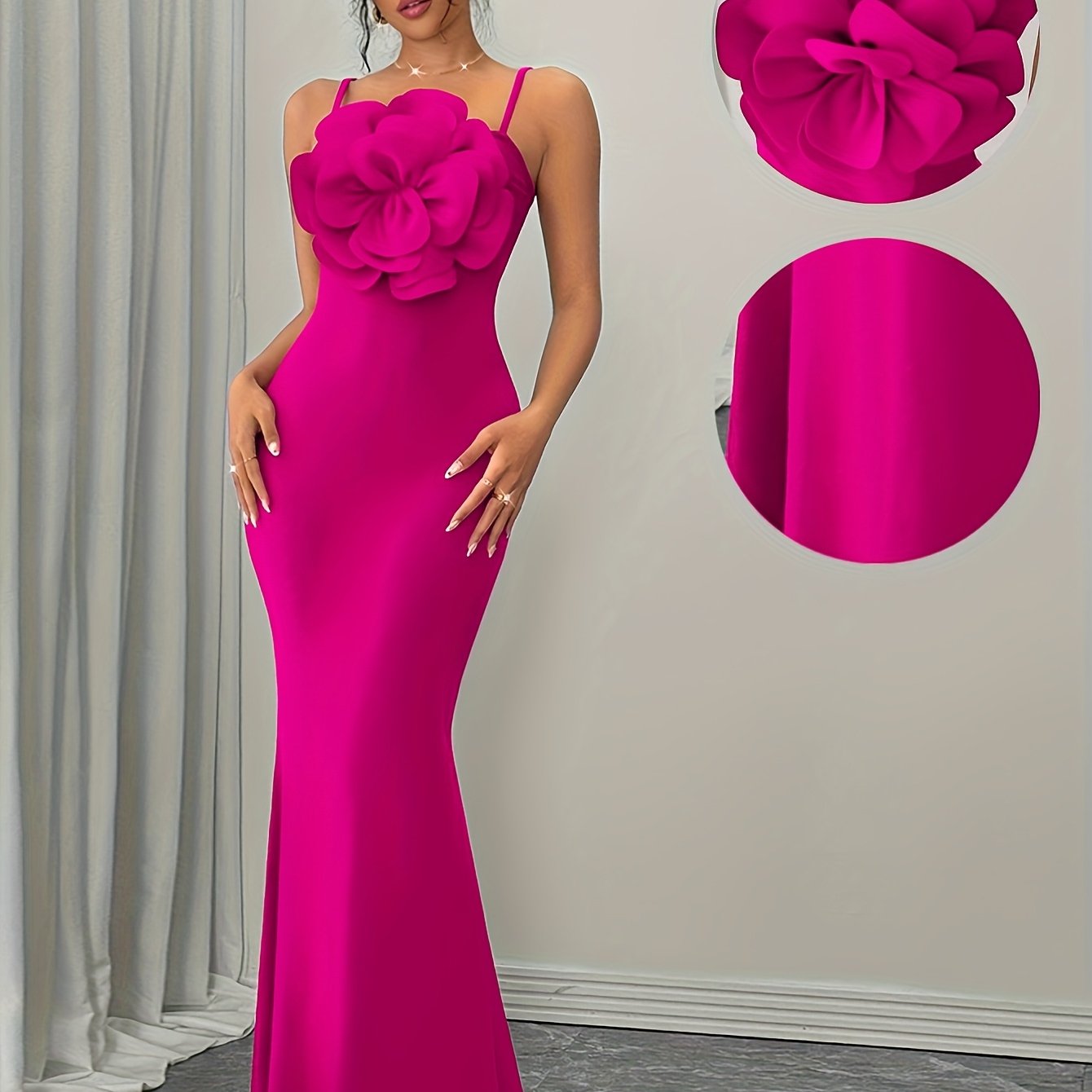 Ladies' Fashionable Temperament Red Bodycon Dress with Large Floral Design | Crew Neck, Solid Color, Suitable for All Seasons.