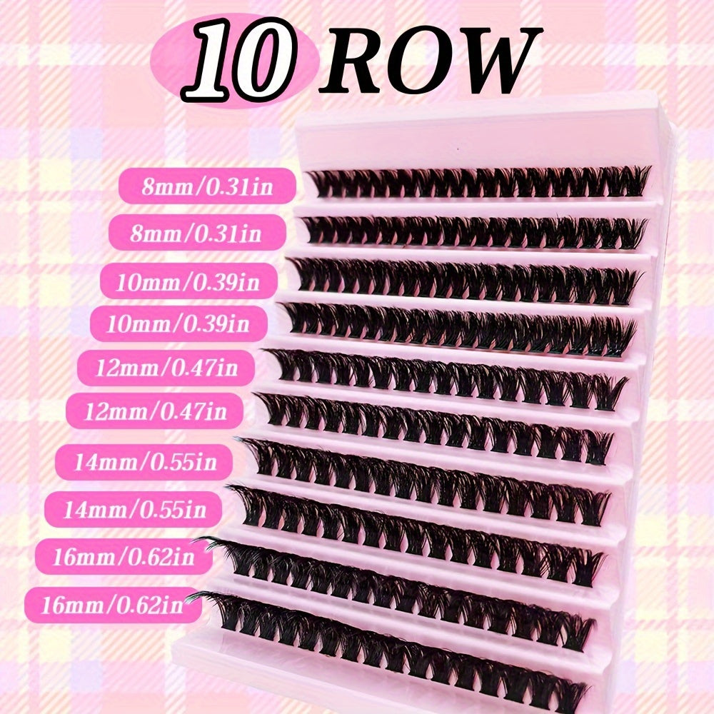 Kit de 200 extensions de cils à faire soi-même, touffes de cils courbés en D (80D), longueurs variées de 8 à 16 mm, effet naturel extra épais et fourni