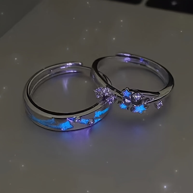 2pcs Couple Rings, Starry Night Luminous Pair Ring, Unique Design Premium Style Versatile Elegance Delicate Minimalist Chic Shiny Engagement Ring