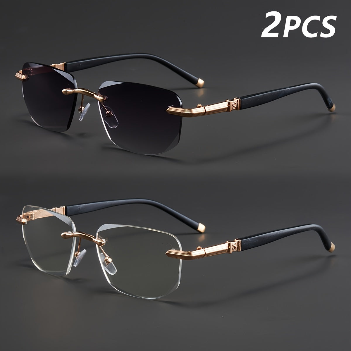 Two Pairs, Bundled Set, Stylish, Men'S, Exquisite, Luxurious, Rimless, Beveled Edge, Reading Glasses, Metal Frame, Options: 100, 150, 200, 250, 300, 350, And 400 Degrees, Without Battery, Christmas Gifts
