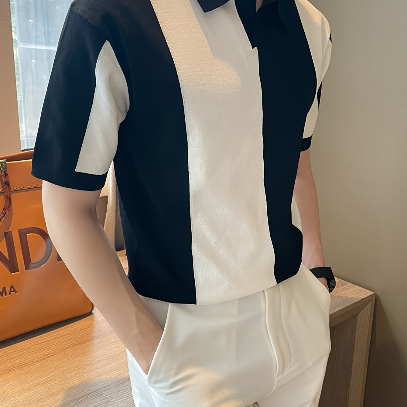 Men'S Casual Short-Sleeve Striped Color-Blocked Knit Polo, a Stylish And Sporty Top Suitable for Summer Golf And Business Attire.