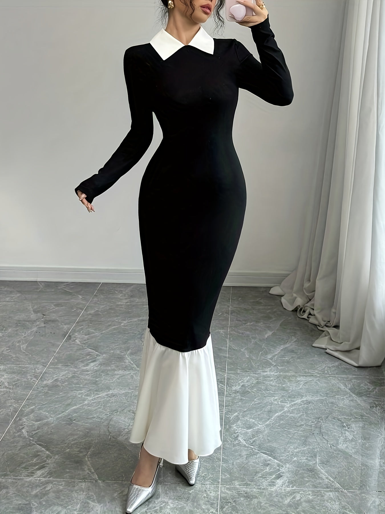 A Long-Sleeved Dress with a Shirt Collar, Featuring a Color-Blocking Design That Is Tailored to Create a Slim Silhouette, Perfect for Daily Commutes, Casual Outings, And Elegant Gatherings.
