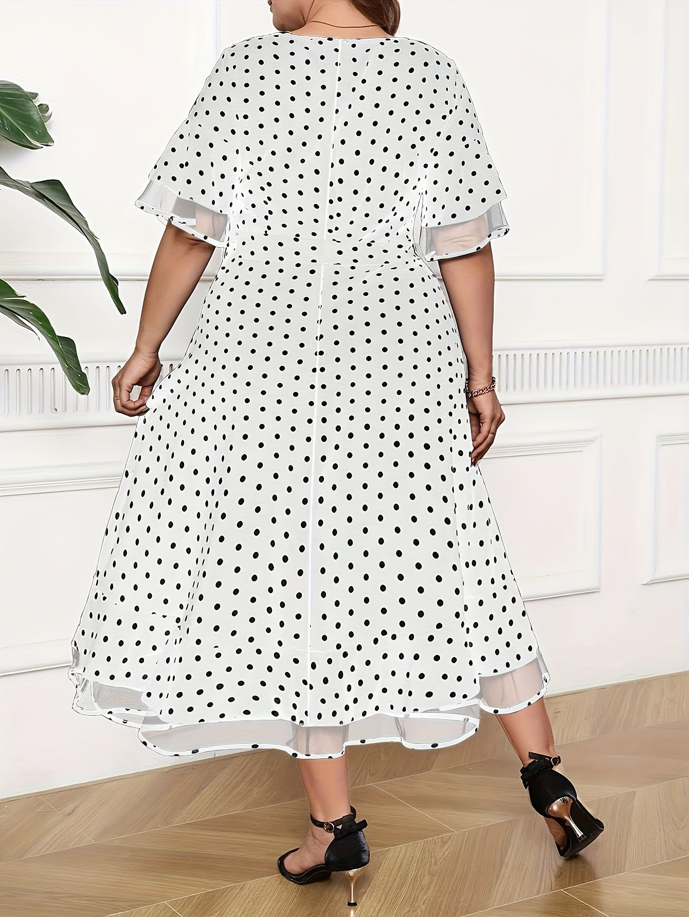 Robe Été Femme Grande Taille – Élégante, Imprimé à Pois, Col Rond, Dos à Nouer, Manches Courtes, Jupe