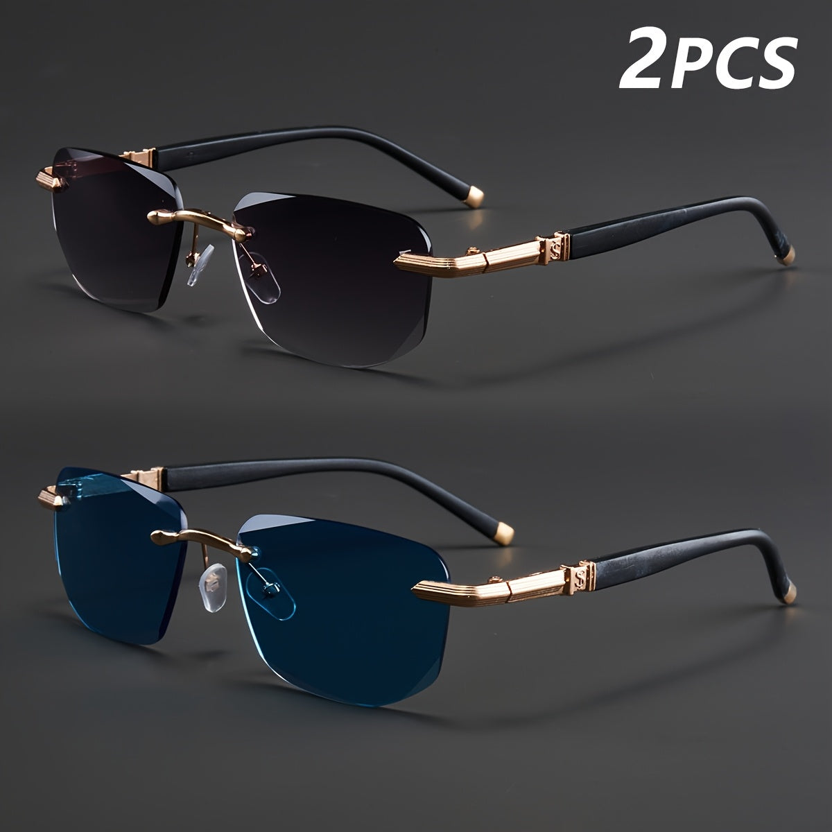 Two Pairs, Bundled Set, Stylish, Men'S, Exquisite, Luxurious, Rimless, Beveled Edge, Reading Glasses, Metal Frame, Options: 100, 150, 200, 250, 300, 350, And 400 Degrees, Without Battery, Christmas Gifts