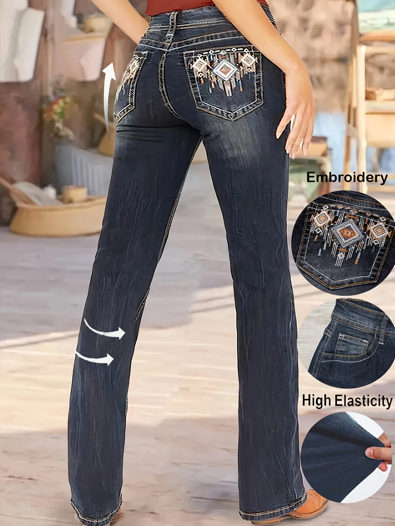 Jean droit casual pour femmes – Polyester extensible, couleur unie, fermeture éclair et bouton