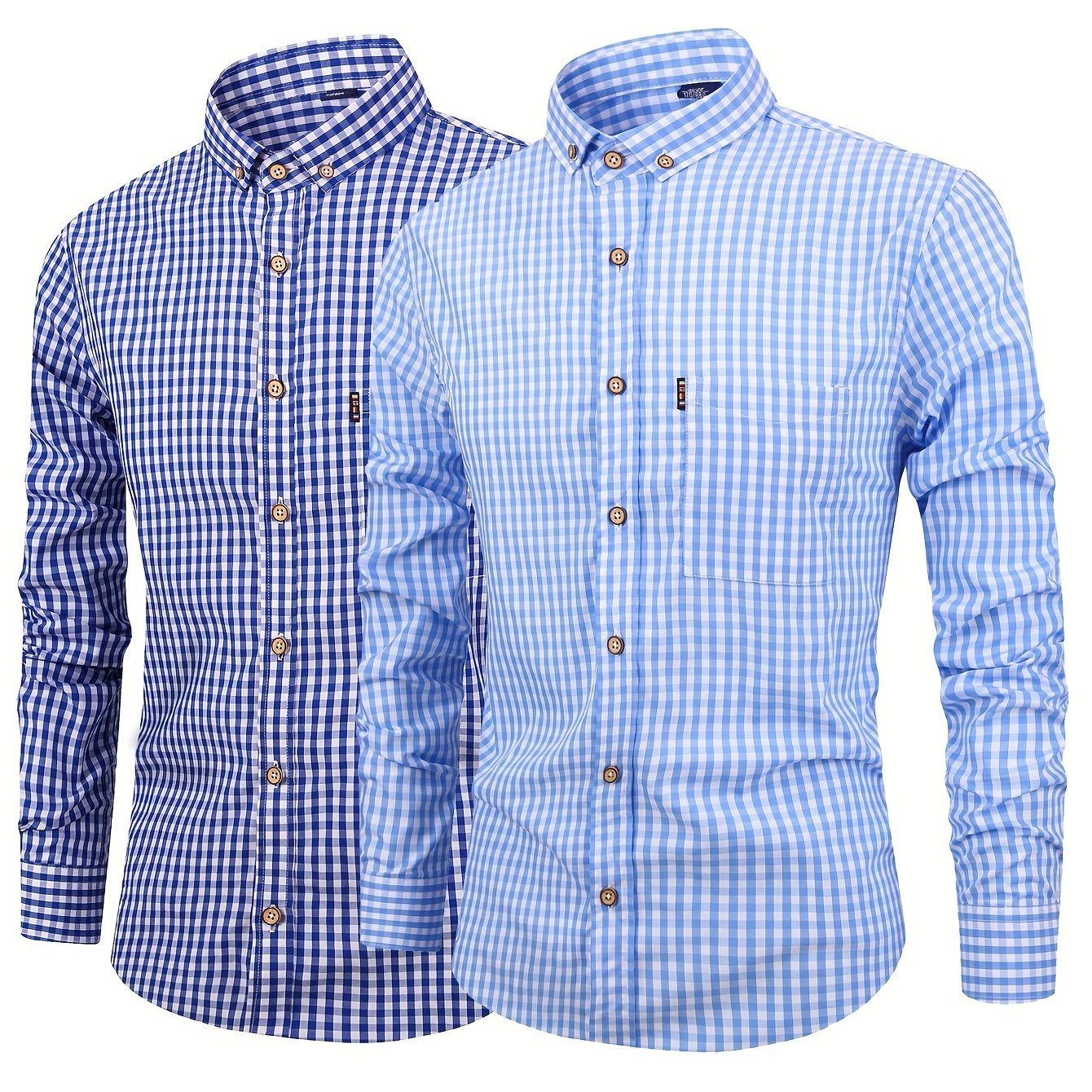 Men's cotton plaid casual long sleeve shirt; 2pcs