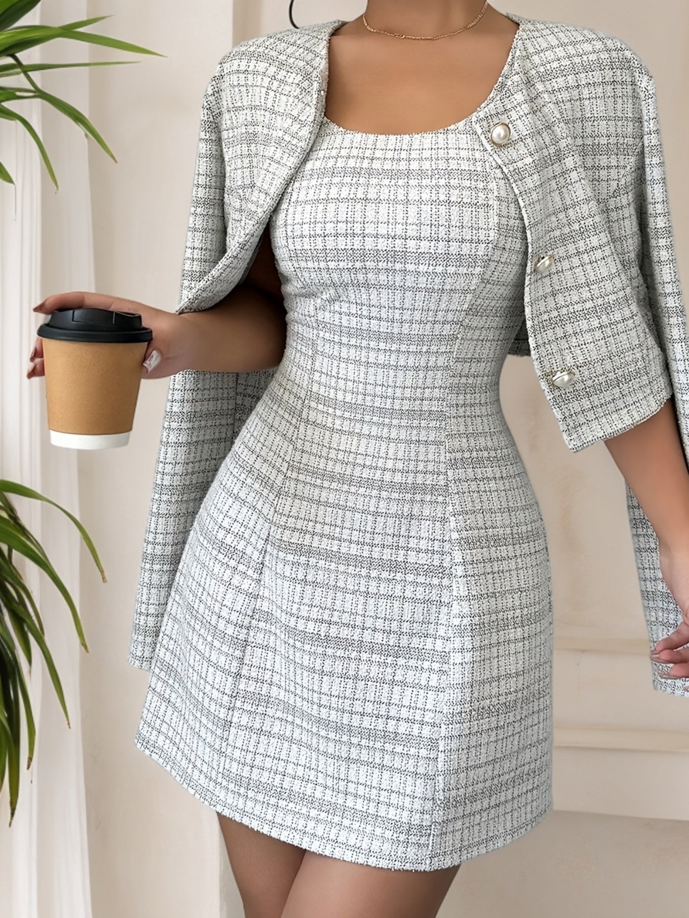 Ensemble chic femme – Mini-robe A-line en tweed + veste boutonnée, style coréen, look élégant