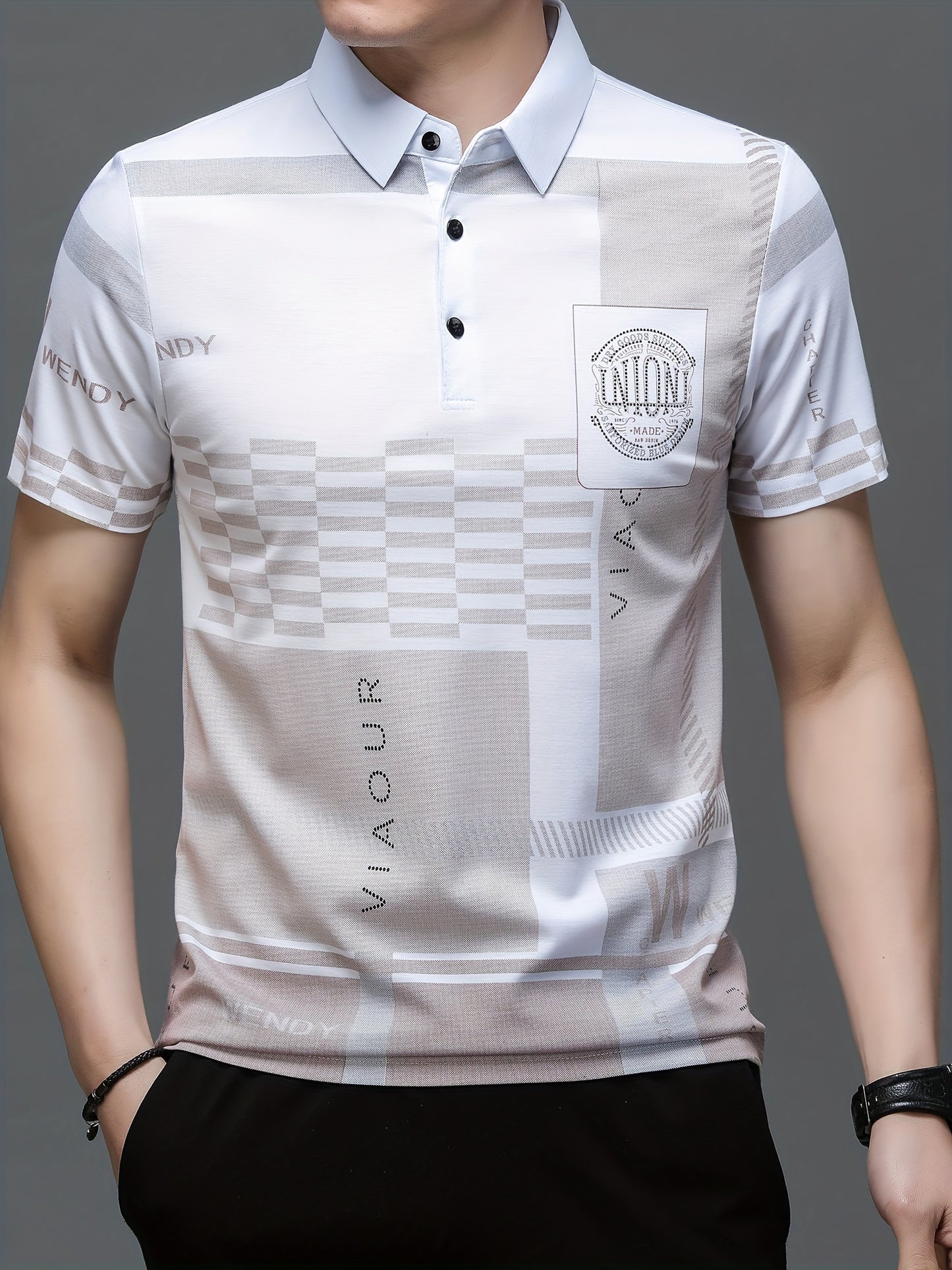 A Set of Two 380G Short-Sleeve Polo Shirts with a Collar, Featuring a Stylish Plaid Design And English Decorations for Men, Perfect for Summer.