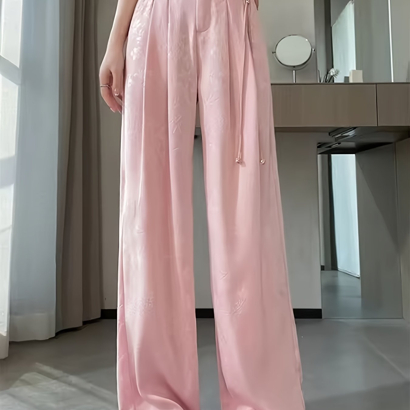 Pantalon Femme Élégant Jambe Large – Noir Uni avec Imprimé Nuages Chinois Blancs, Ourlet Asymétrique, Bureau et Événements Formels, Inspiré Asiatique