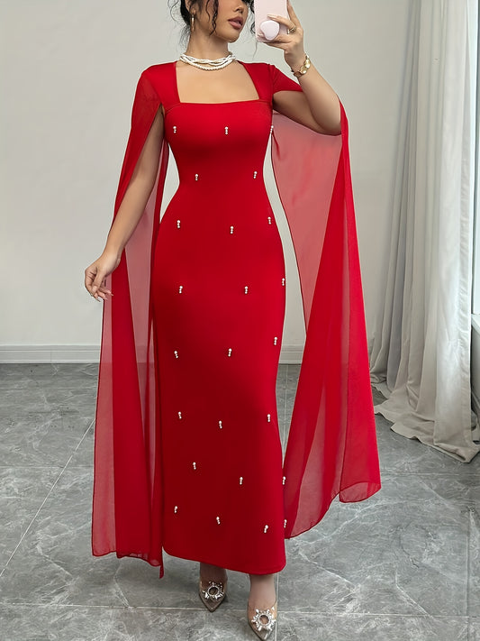 Elegant Everyday Party Fitted Shawl Collar Chiffon Sheer Stretchy Red Women'S Dress - Long Mermaid Gown for Spring And Summer